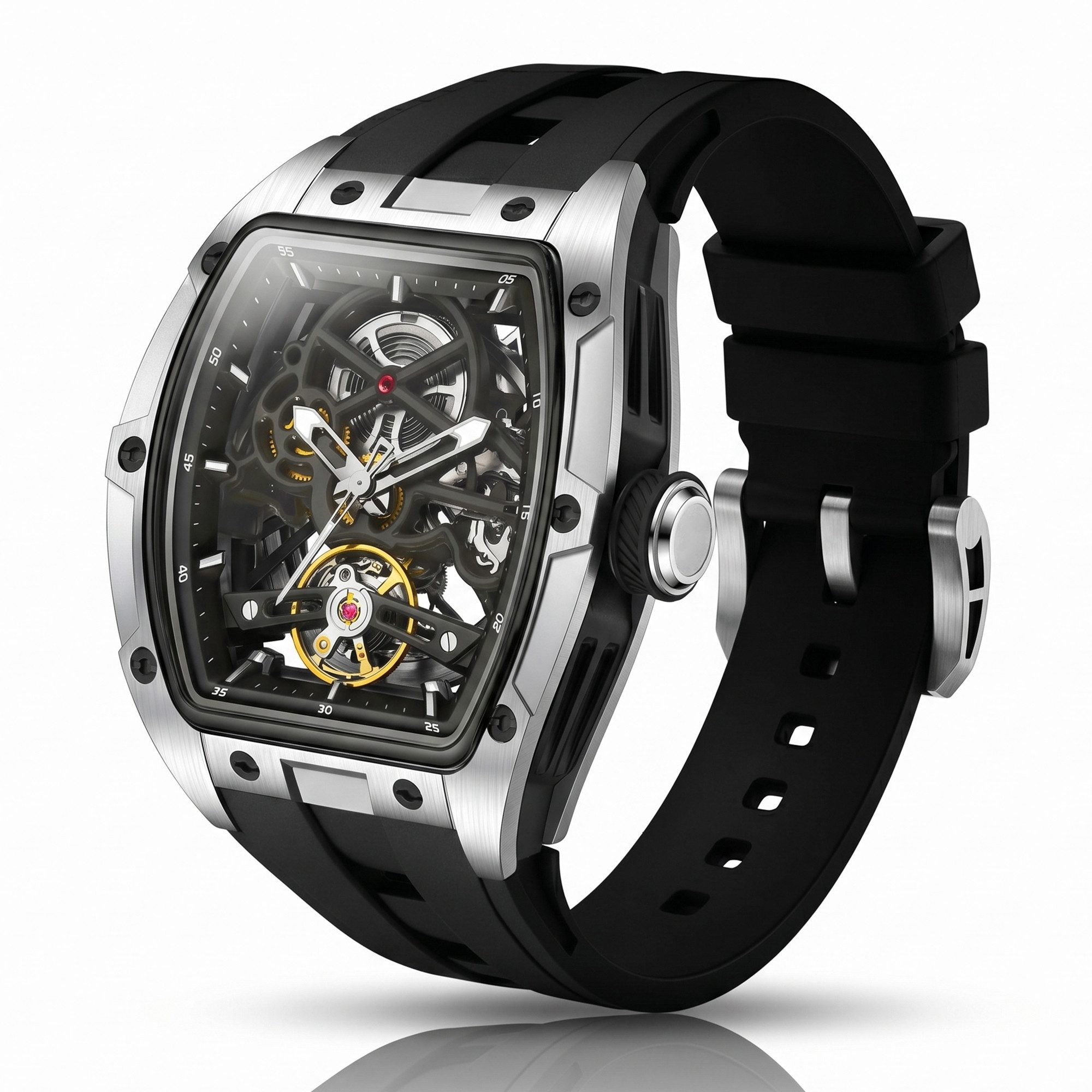 S&T Design Automatikuhr Armbanduhr Herren Uhr Edelstahl Silikon Skelett Skelleton, (inkl. Geschenkbox, Schnalle), Mechanisch 50M Wasserdicht Rechteckig