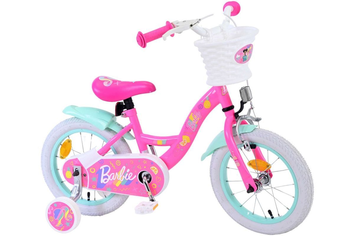 Volare Kinderfahrrad 14 Zoll Kinder Mädchen Fahrrad Mädchenfahrrad Rad Barbie 31454-SACB, 1 Gang, Rücktrittbremse, Korb,Stützräder,Kettenschutz, Schutzbleche