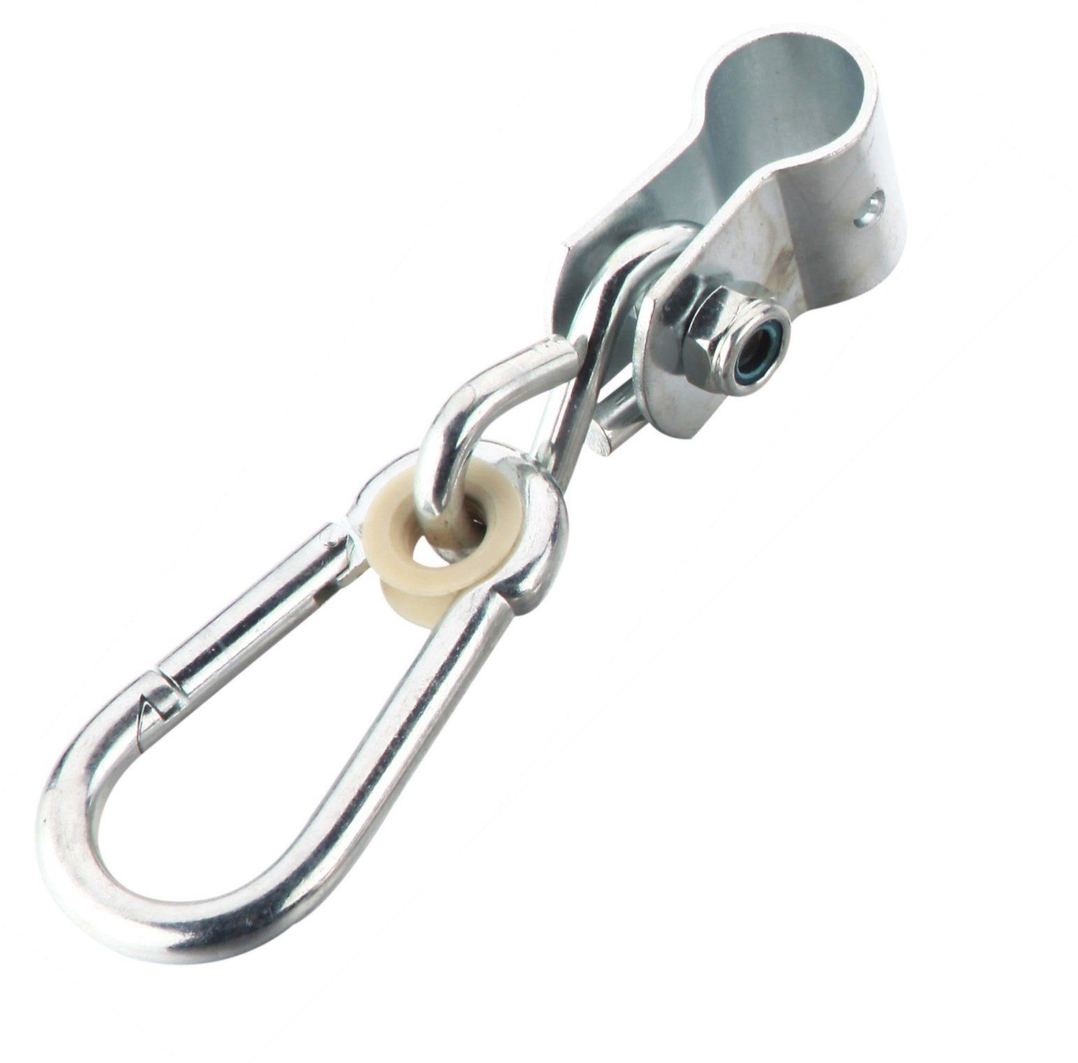 Loggyland Schaukelhaken Schaukelschelle verzinkt rundum für Rundbalken Ø25mm 2er Set, (Spar-Set, 2-St., Manschettenhaken mit Nylonlager), 2 Stück im Set, mit Karabiner und Kunststoffbuchse