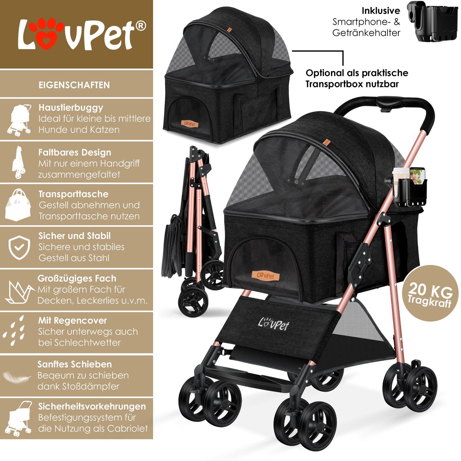 Lovpet Hundebuggy 2in1 Hundewagen max. bis 20kg Buggy für Haustiere, (Hunde günstig online kaufen