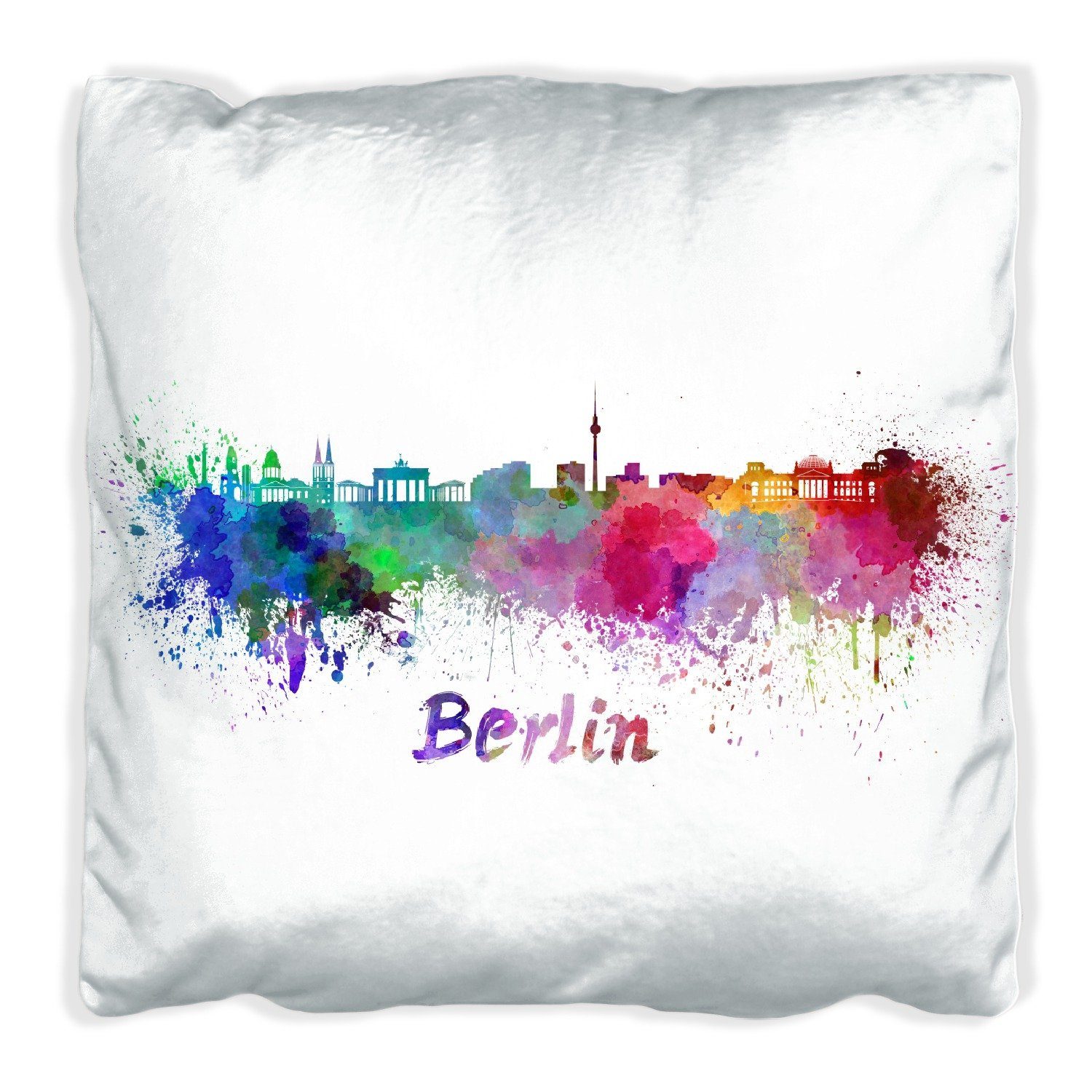 Wallario Dekokissen Städte als Aquarell - Skyline von Berlin, handgenäht