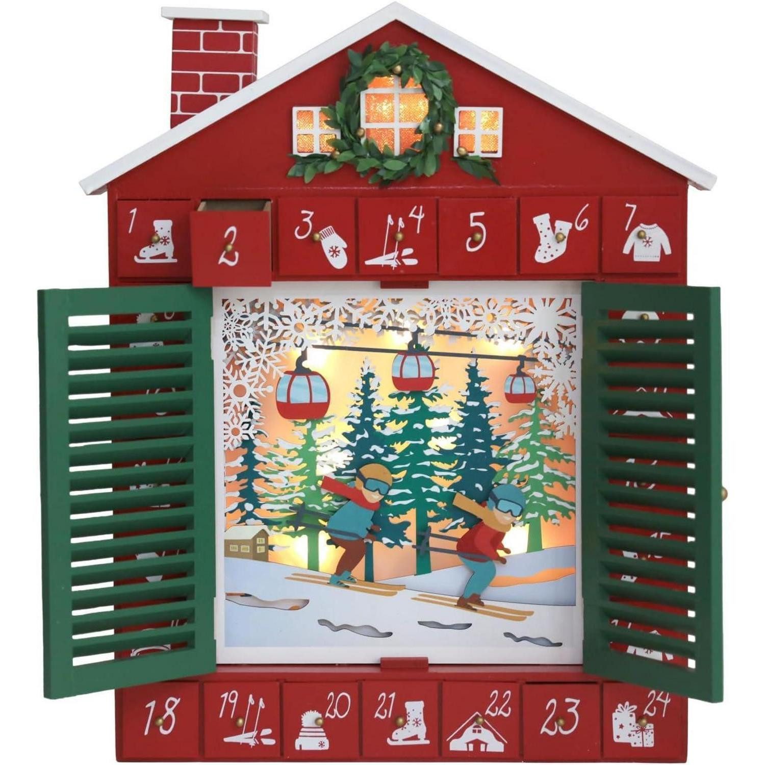 LuxusKollektion befüllbarer Adventskalender Adventskalender aus Holz beleuchtet 24 Schubladen Ski Chalet