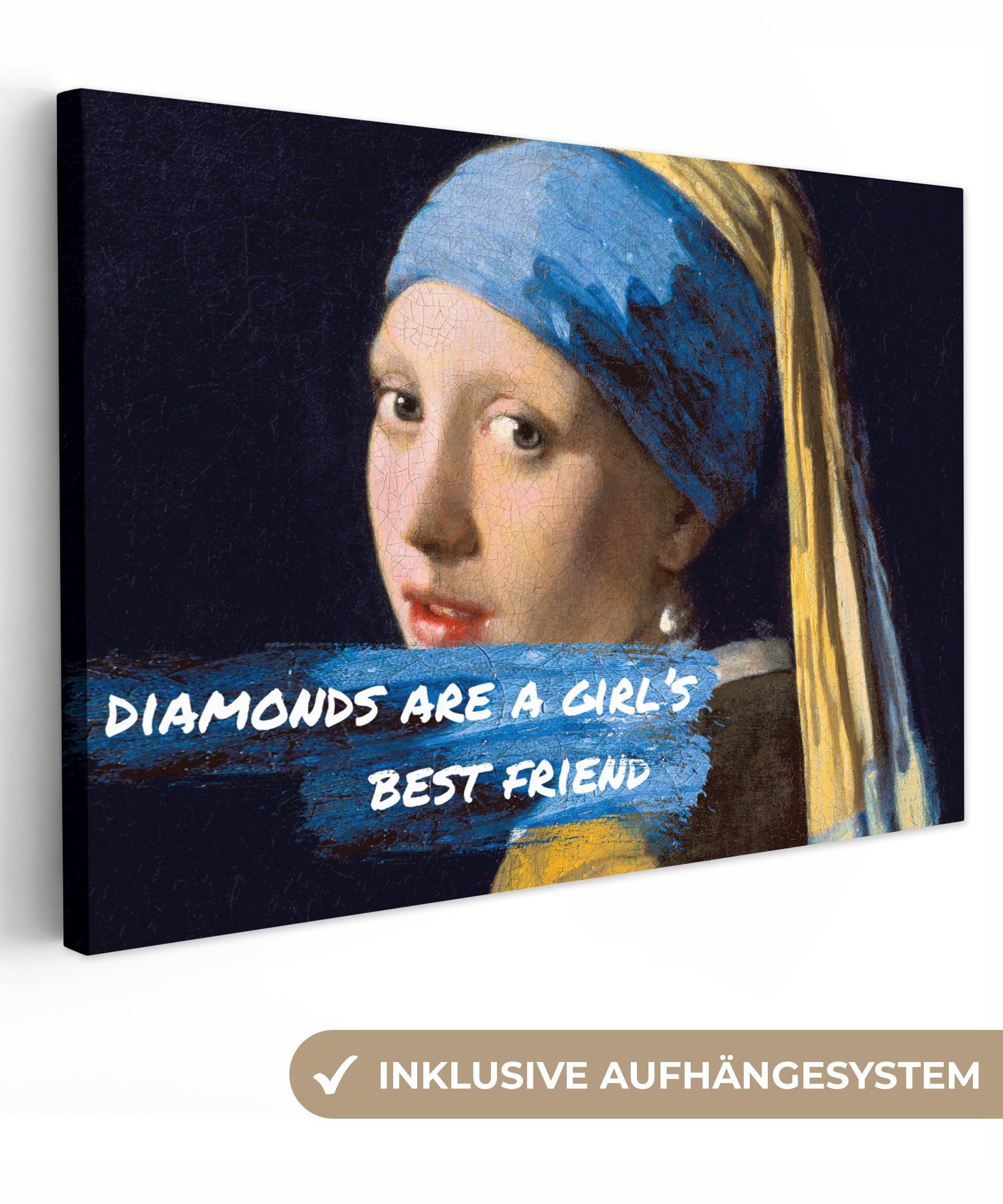 OneMillionCanvasses® Gemälde Vermeer - Das Mädchen mit dem Perlenohrring -  Zitat, (1 St), Wandbild Leinwandbilder, Aufhängefertig, Wanddeko, 30x20 cm