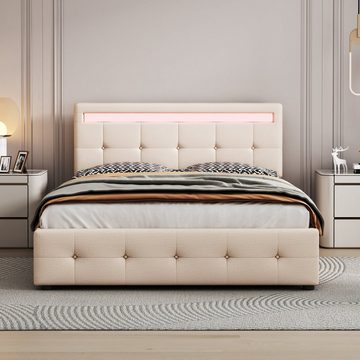 WISHDOR Polsterbett Doppelbett Stauraumbett (140 x 200 cm beige (ohne Matratze), mit LED, Lattenrost & Bettkasten auf Rollen
