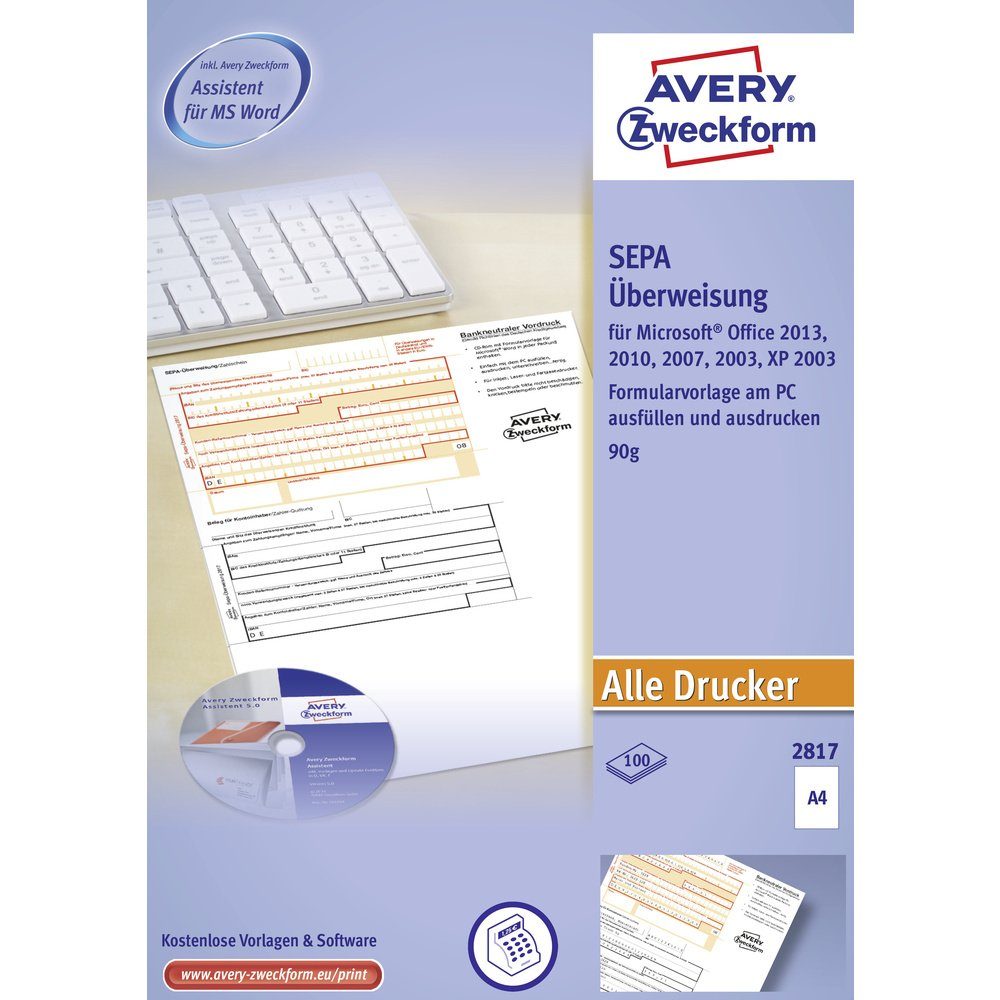 Avery Zweckform Formularblock Avery-Zweckform Überweisung Formular SEPA-Überweisung DIN A4 Anzahl de