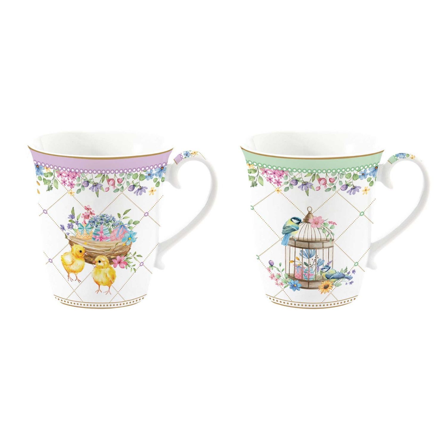EasyLife Tasse Spring Bloom, Porzellan, Spülmaschinengeeignet, Weiß, Motiv: Hasen & Blumenkörbe, Höhe: 9.5cm