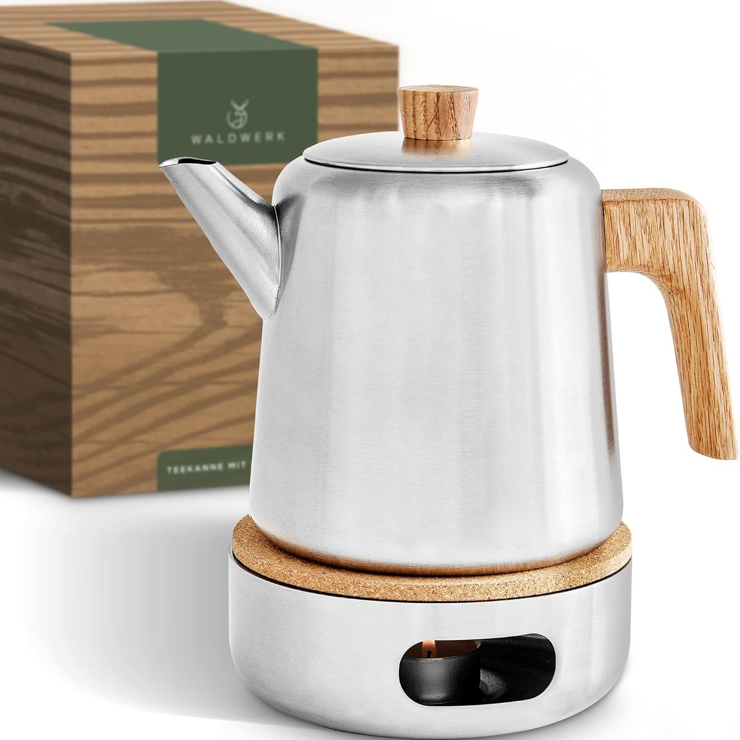 Waldwerk Teekanne 1l mit Siebeinsatz - Teekanne Thermo Doppelwandig, 1 l, (Teekanne mit Sieb aus 304 Edelstahl, Teebereiter mit echten Eichenholzgriffen), Tee Kanne 100% Tropffrei
