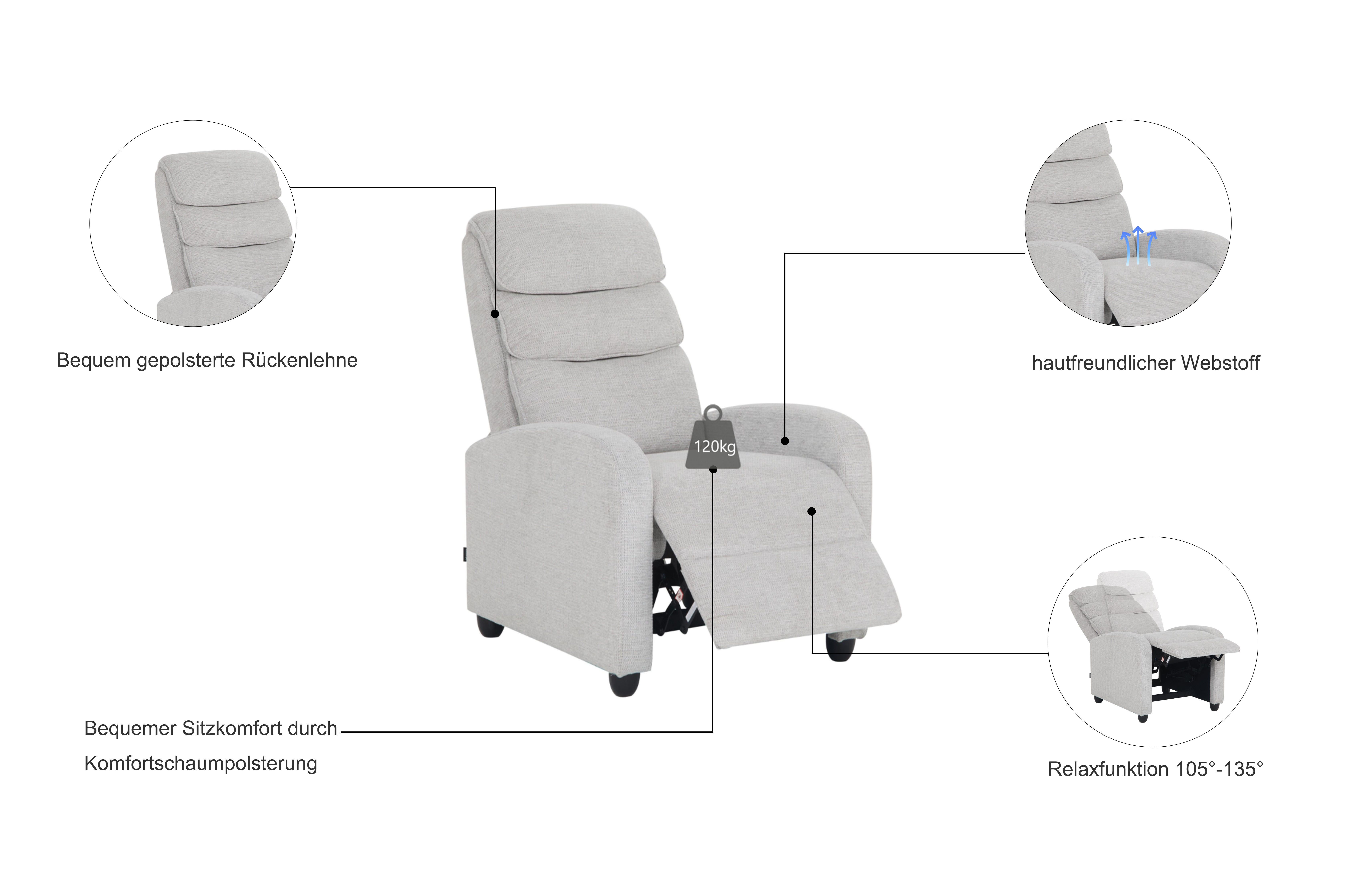 Home affaire Relaxsessel BERVILLE, TV-Sessel, Ruhesessel mit Schlaffunktion, Webstoff, Liegesessel mit manueller Relaxfunktion