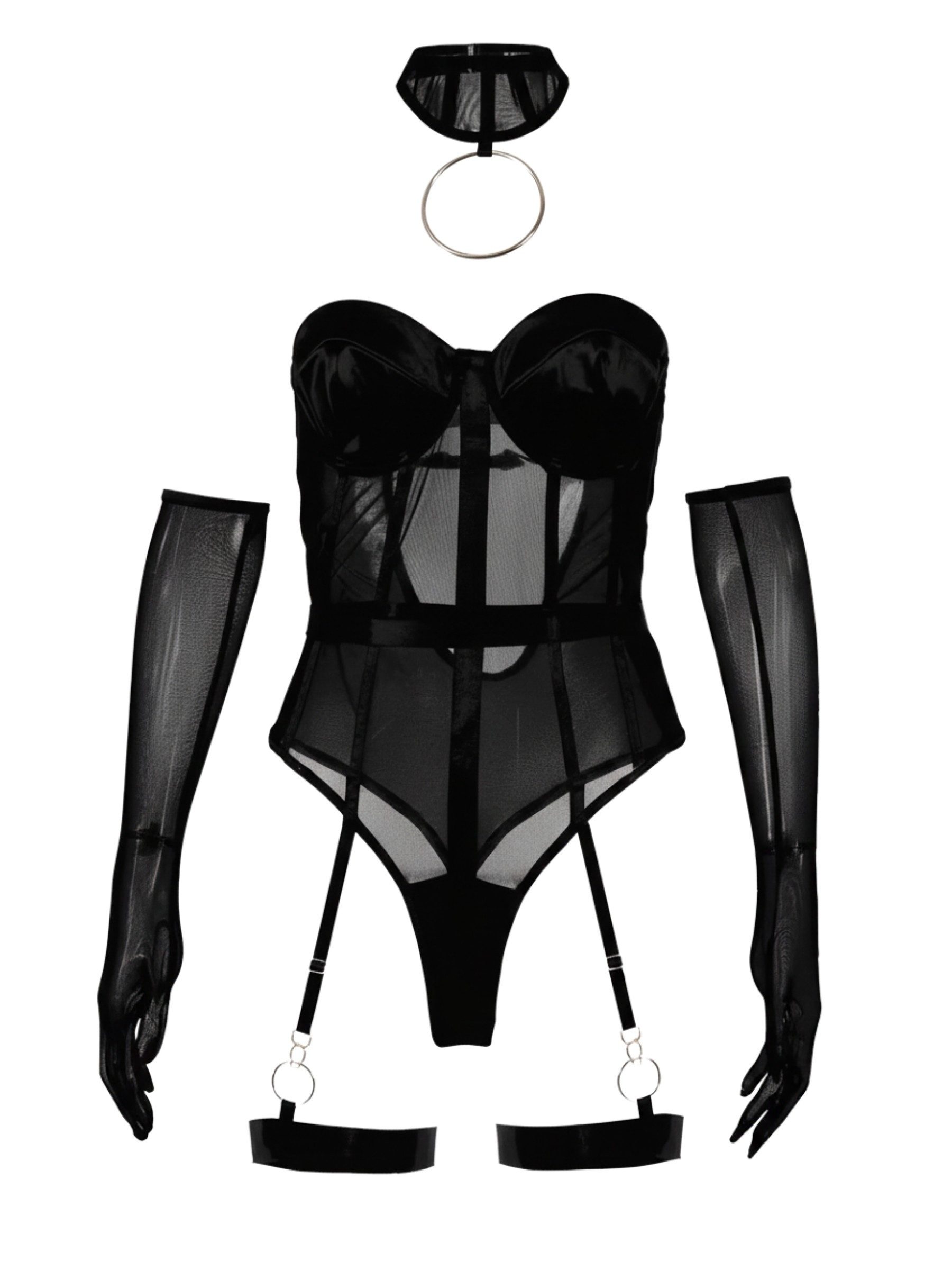 Elegant Love Body Dessous-Set: Korsagen-Body mit Bügel-Cups – Sexy Lingerie-Set (Set, 4-tlg., Halsband, Strapsen, langen Handschuhen) Eleganter Bodysuit – Exklusive Reizwäsche für unvergessliche Anlässe