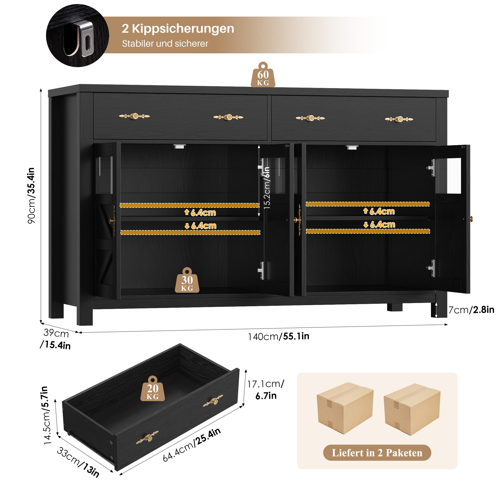 Homfa Sideboard Küchenschrank Buffetschrank Küchenbuffet, mit 2 Schubladen 4 Glastüren für Wohnzimmer Küche 140x40x90 cm schwarz