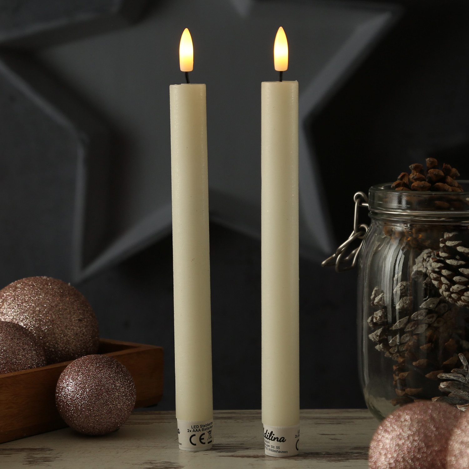 Adilina LED-Kerze LED Stabkerzen Tafelkerzen Dinner Spitzkerzen rustikal 24cm creme 2St (2-tlg)