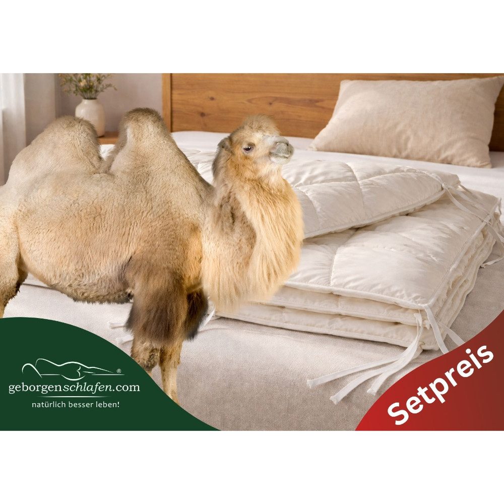 geborgenschlafen Naturhaarbettdecke Kamelflaumhaar Bettdecke 135-155x220 4-Jahreszeiten Set, leicht & warm, Füllung: 100 % Kamelflaumhaar, temperaturausgleichend, leicht, Bezug: 100 % Bio-Baumwolle, schadstoffgeprüft, Naturdecke Kamelhaar 4-Jahreszeiten pflegeleicht, atmungsaktiv & weich