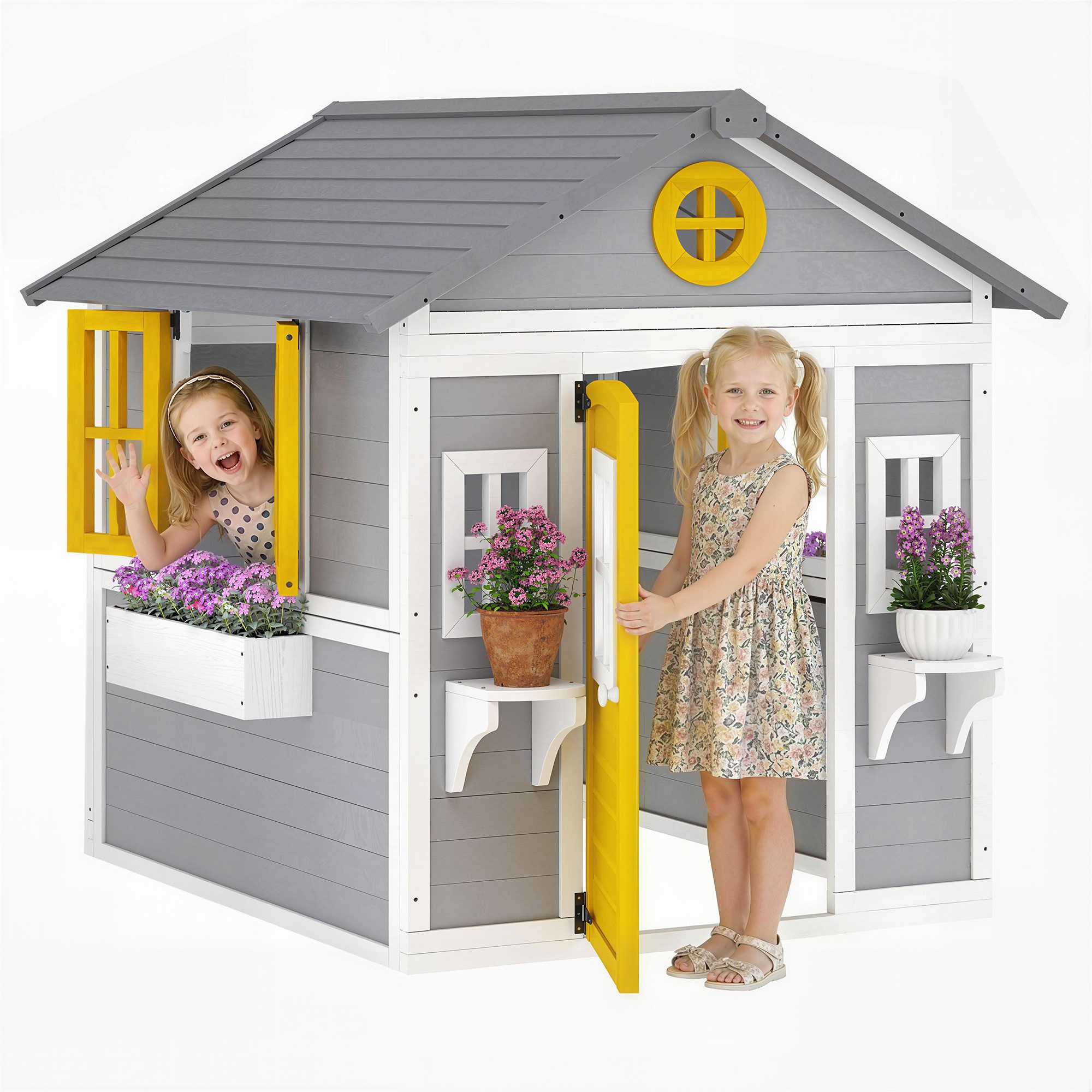Outsunny Spielhaus Kinderspielhaus mit Tür 6 Fenster 2 Blumenkästen 2 Blumenständern, Wetterfestes Gartenhaus für Jungen und Mädchen von 3-8 Jahren Grau