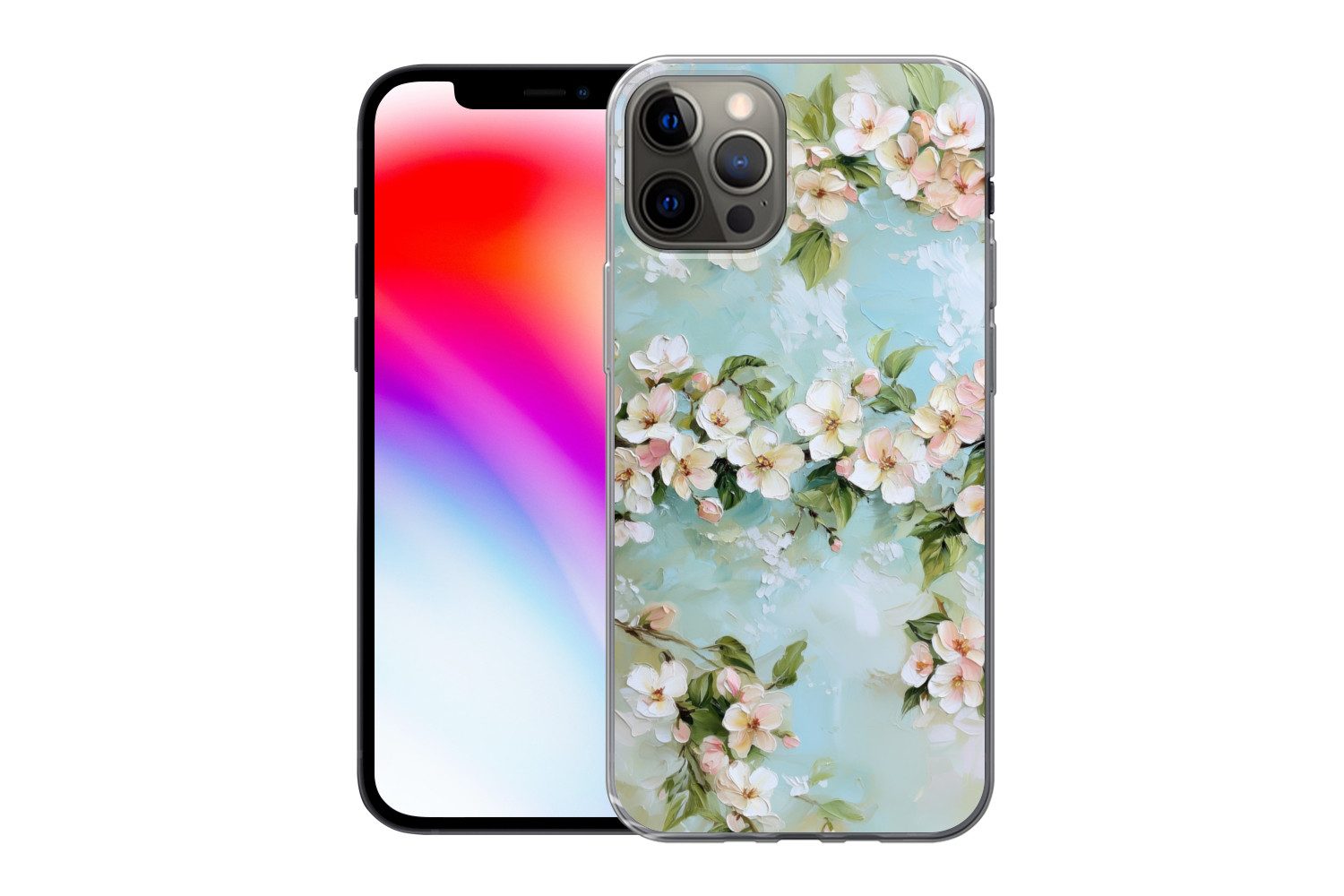 MuchoWow Handyhülle für Apple iPhone 12 Pro Blüte - Blätter - Hellblau, Smartphone-Bumper, Print, Handy Schutzhülle Dünn