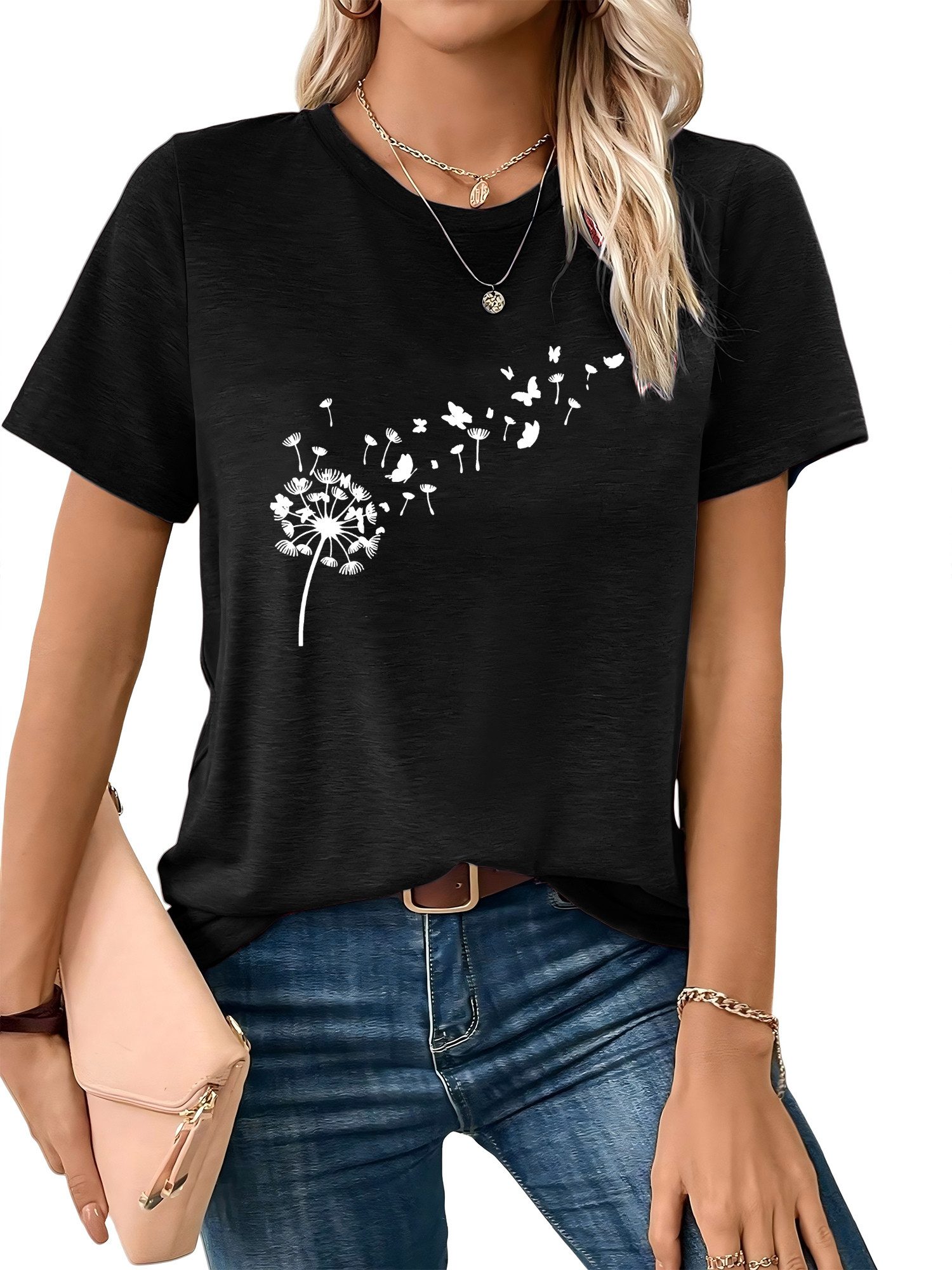 PYLIKE Rundhalsshirt Damen bequemes Frühling Kurzarmbluse Löwenzahn Print-Shirt Bequem für Freizeit und Büro,Strandurlaub