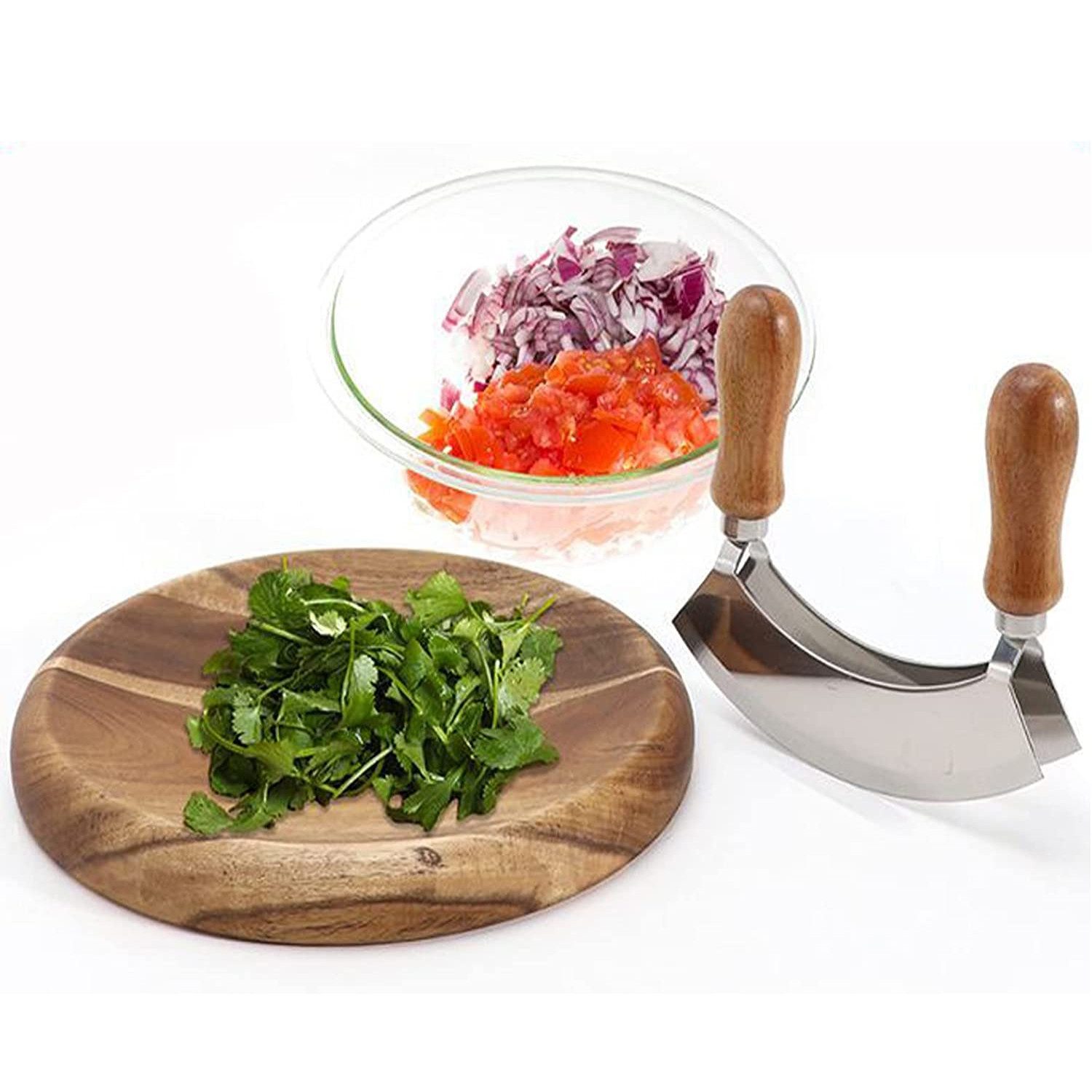 Refined Living Wiegemesser Doppelklinge Edelstahl Wiegemesser mit Schneidebrett, kräuterschneider, kräuterschneider Kräuterschneidebrett Hackmesser Biegemesser Käse