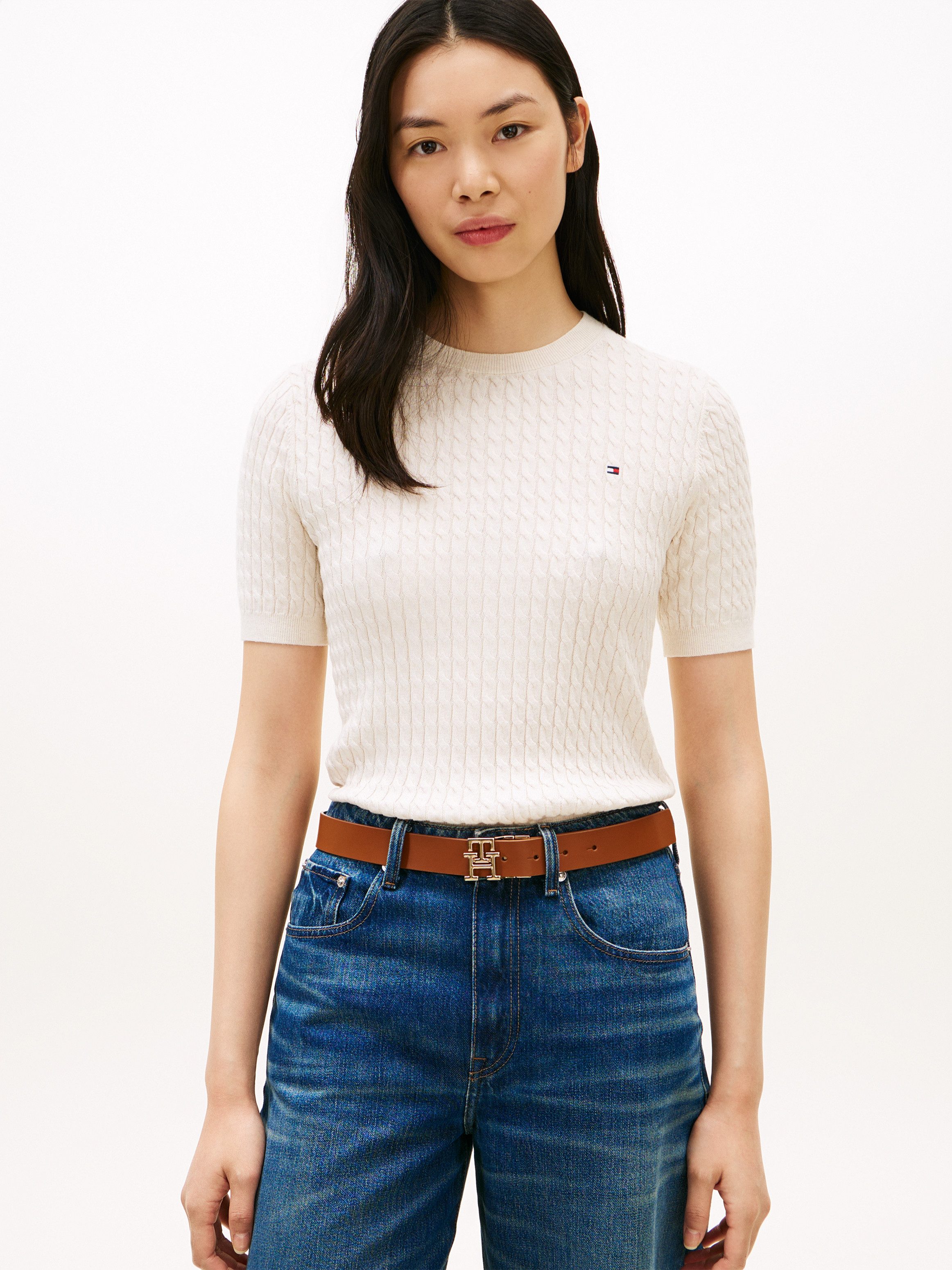 Tommy Hilfiger Kurzarmpullover CO CABLE RWB C-NK SS SWT Baumwolle, mit Zopfmuster