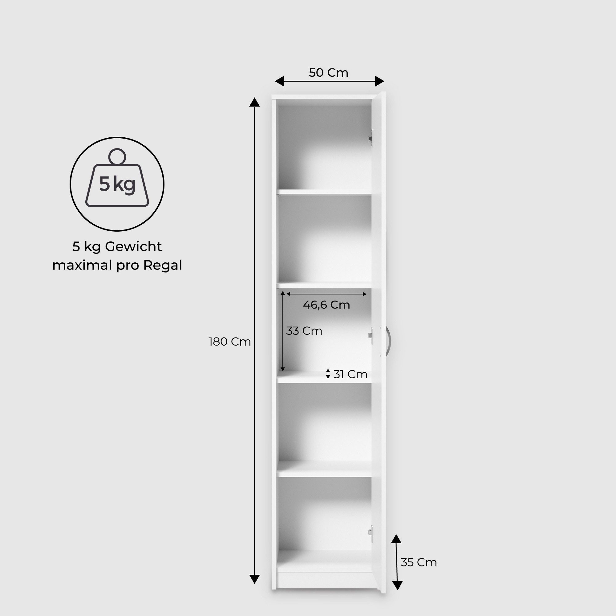 Home Collective Aktenschrank Bücherregal Mehrzweckschrank Schrank Kleiderschrank mit Einlegeböden (Garderobenschrank Regal für Schlafzimmer Flur Keller Büro) Einlegeböden verstellbar 50x35x180cm (BxTxH), weiß