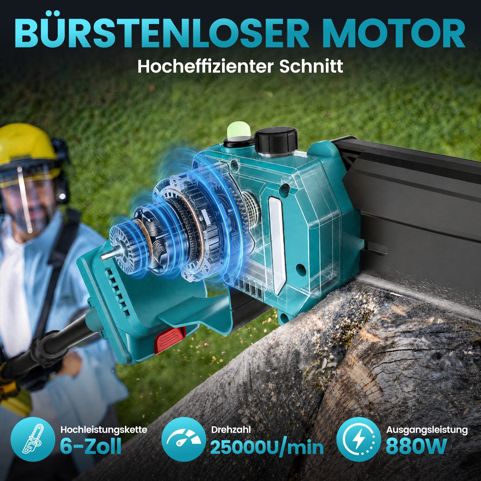 Bundviel Akku-Hochentaster 4-in-1 Bürstenloser Elektro-Kettensäge Teleskop Akku Gartenschere, bis 23,5 m Arbeitshöhe, mit 2× 4000mAh Akku, für Garten Äste Obstgärten