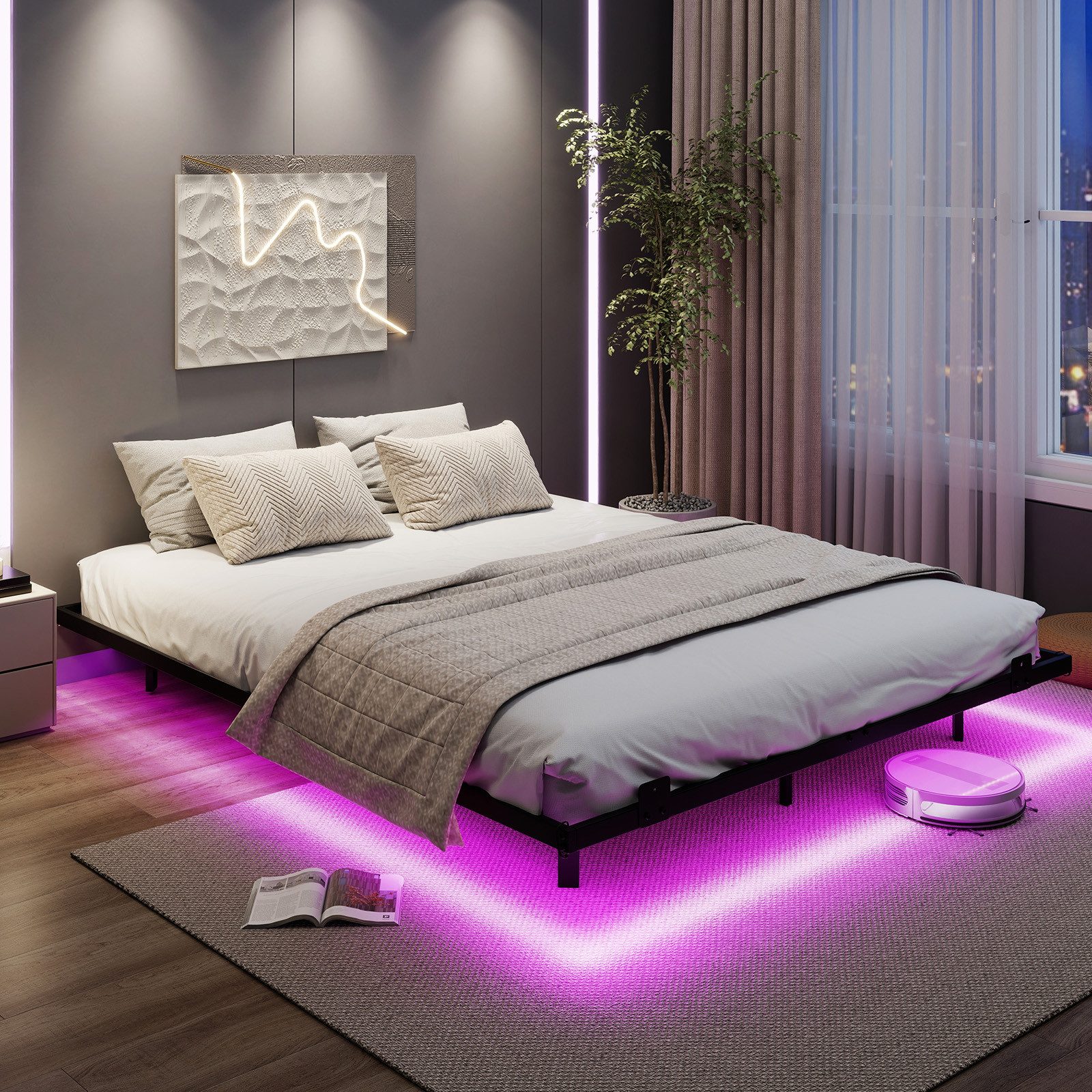 COSTWAY Bettgestell (1-tlg), Doppelbett Schwebebettgestell, mit LED, Lattenrost,160 x 200 cm