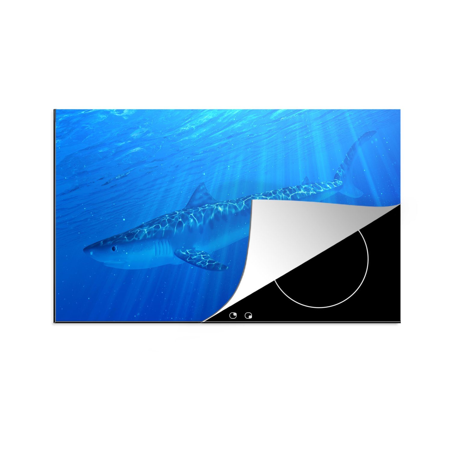MuchoWow Herdblende-/Abdeckplatte Eine Illustration eines Tigerhais im Meer, Vinyl, (1 tlg), 83x51 cm, Ceranfeldabdeckung, Arbeitsplatte für küche