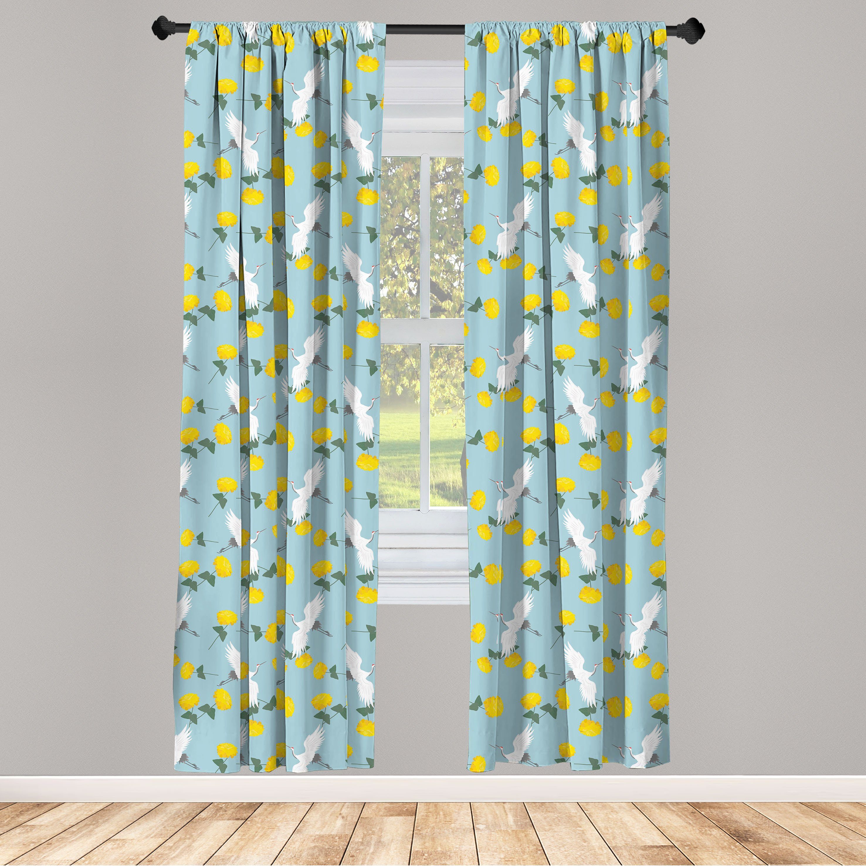 Gardine Vorhang für Wohnzimmer Schlafzimmer Dekor, Abakuhaus, Microfaser, Gelber Vogel Kräne und Blumen