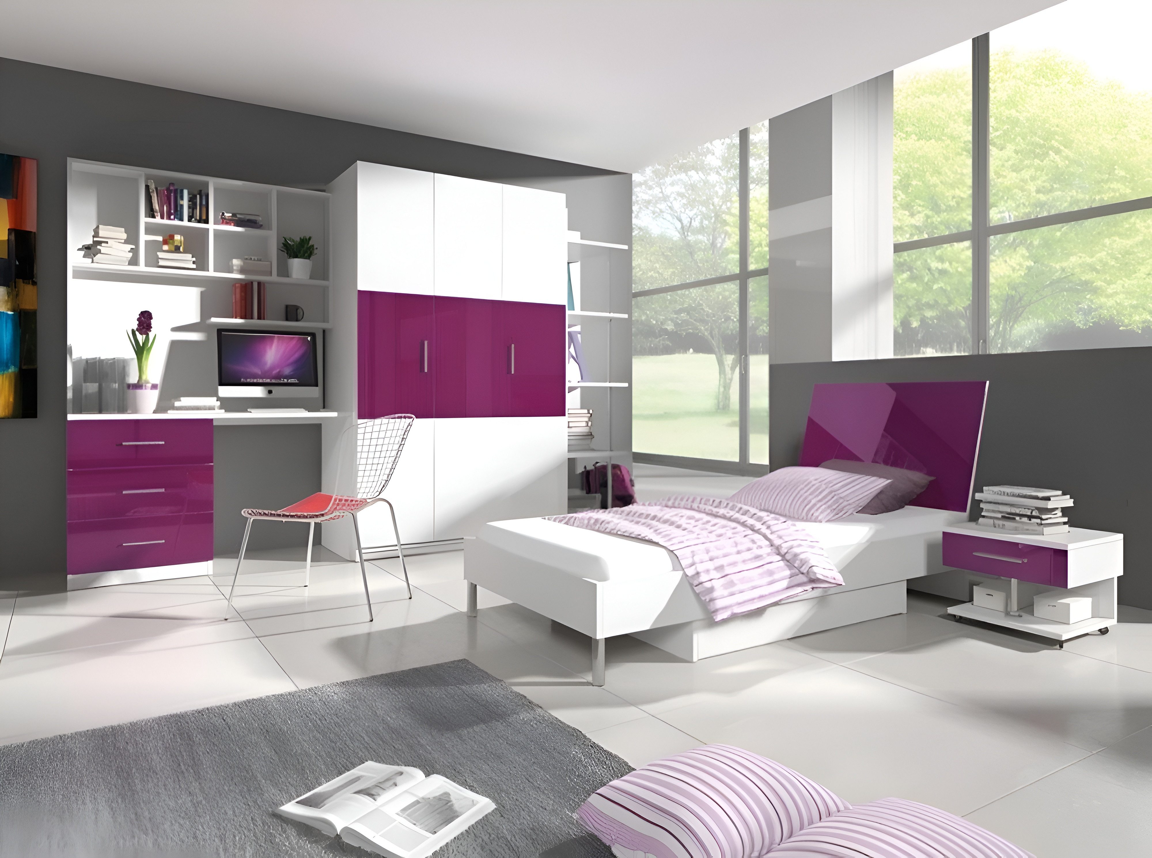 Jugendzimmer-Set Weißes Möbelset für Schlafzimmer mit Bett und Schreibtisch
