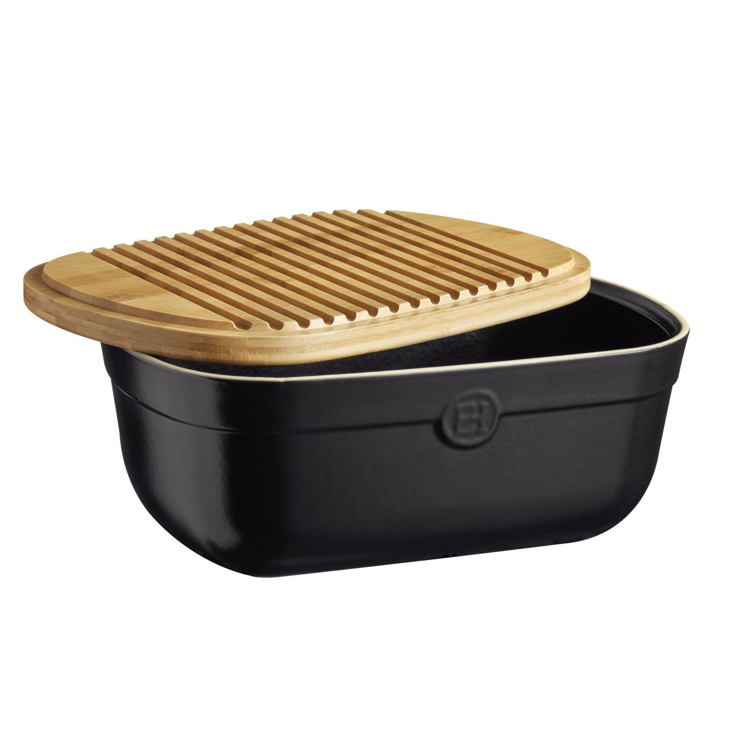 Emile Henry Brotkasten mit Holzdeckel/Schneidebrett Trüffel, Keramik