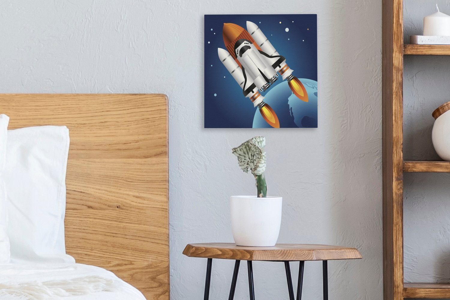 OneMillionCanvasses® Leinwandbild Schlafzimmer St), auf Leinwand für (1 Space eines Wohnzimmer Illustration Bilder Rakete, Eine einer Shuttles