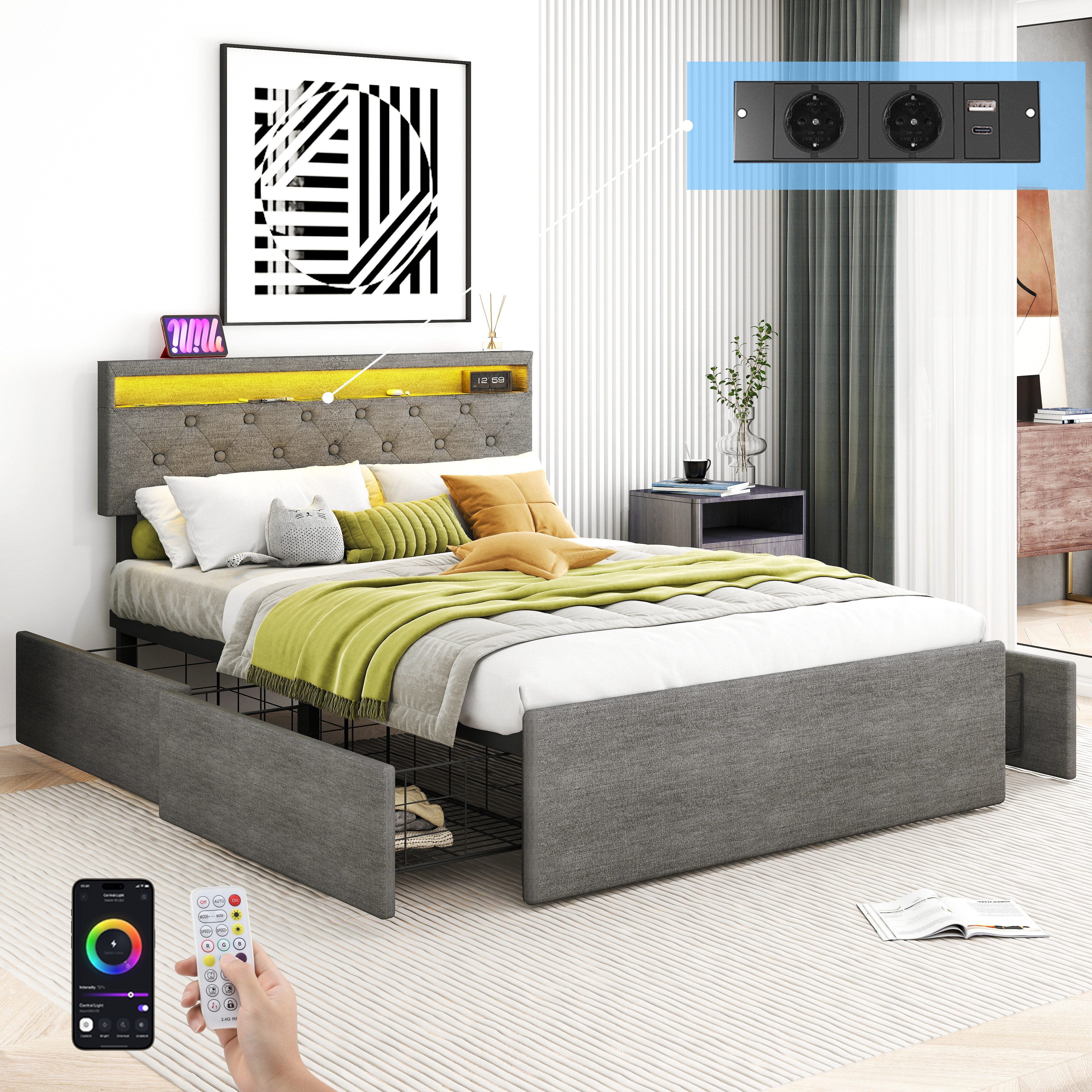 oyajia Polsterbett LED Doppelbett 140x200cm mit Ladefunktion und 4 Schubladen Polsterbett (Modernes Jugendbett, Leises Design Bett, Max. Belastbarkeit 365 kg), 140x200 cm, ausziehbare Bettkästen, LED-Licht, gepolstertes Kopfteil