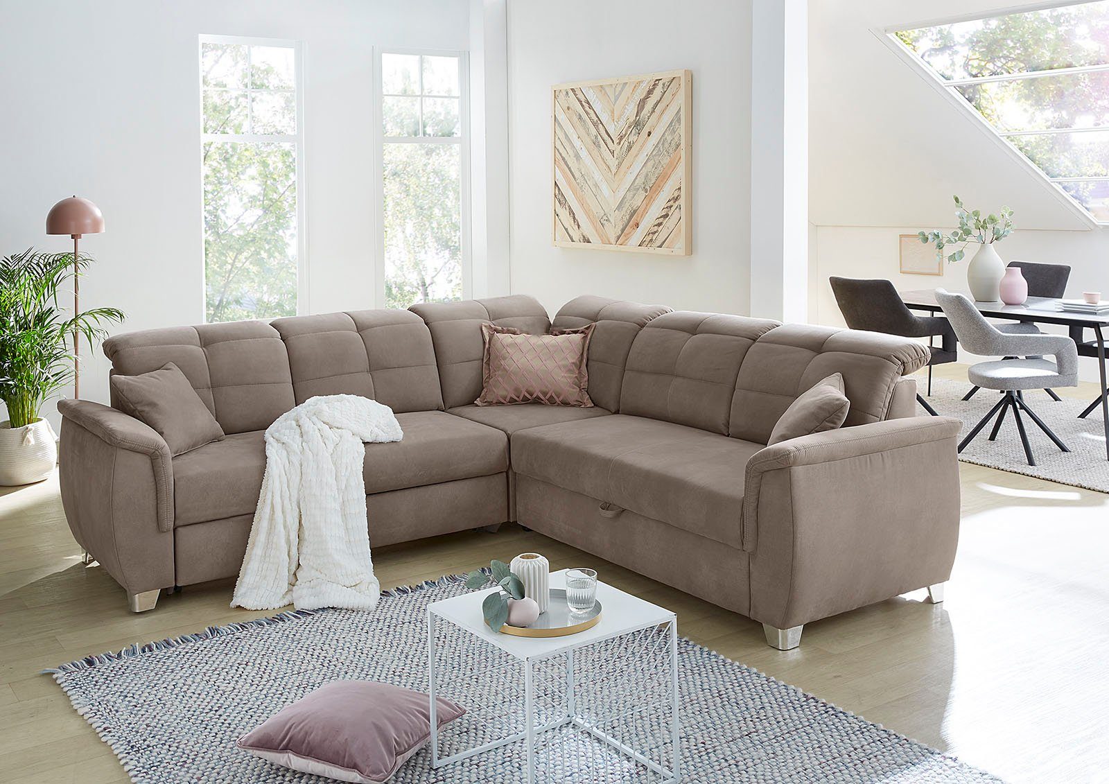 Jockenhöfer Gruppe Ecksofa Udine L-Form, B: 263 cm, mit Bettfunktion, Bettkasten, Kopfteilverstellung & Zierkissen