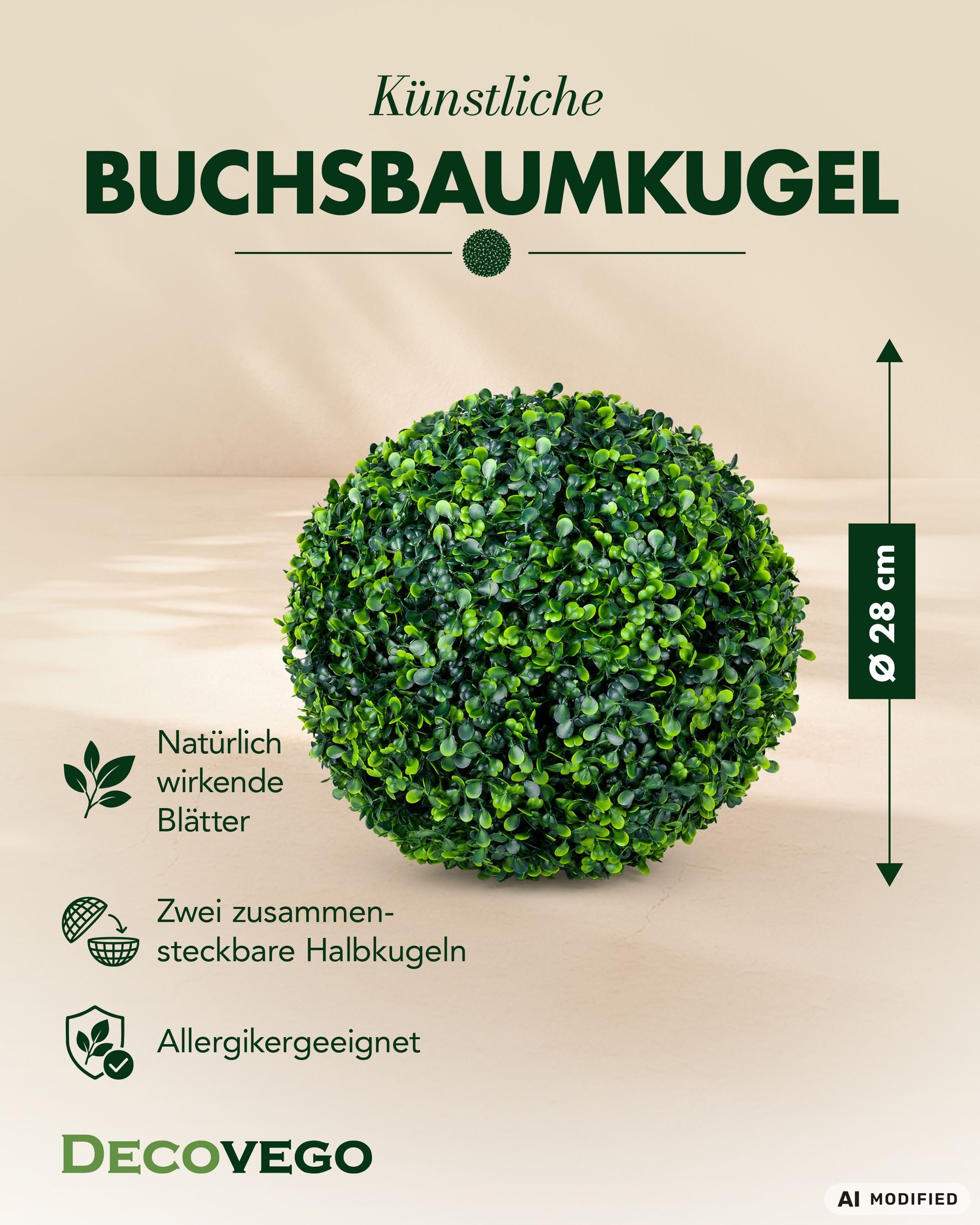 Kunstpflanze Deko Buchsbaum Künstlich Buchsbaumkugel Buchskugel 28 cm Kunstpflanze Buchsbaum, Decovego, Höhe 28 cm – Bild 2 von 5