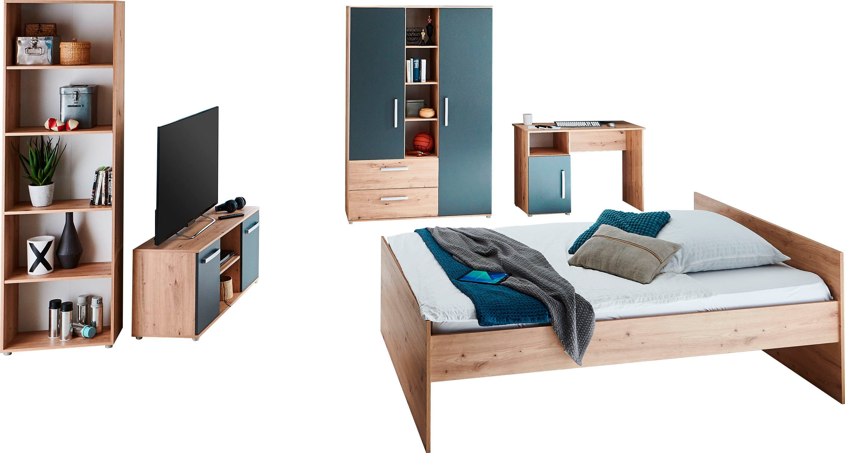 arthur berndt Jugendzimmer-Set Alessio, (Set, 5-tlg., Bett, Kleiderschrank, Schreibtisch, Standregal und TV-Lowboard), mit Melamin-Oberfläche