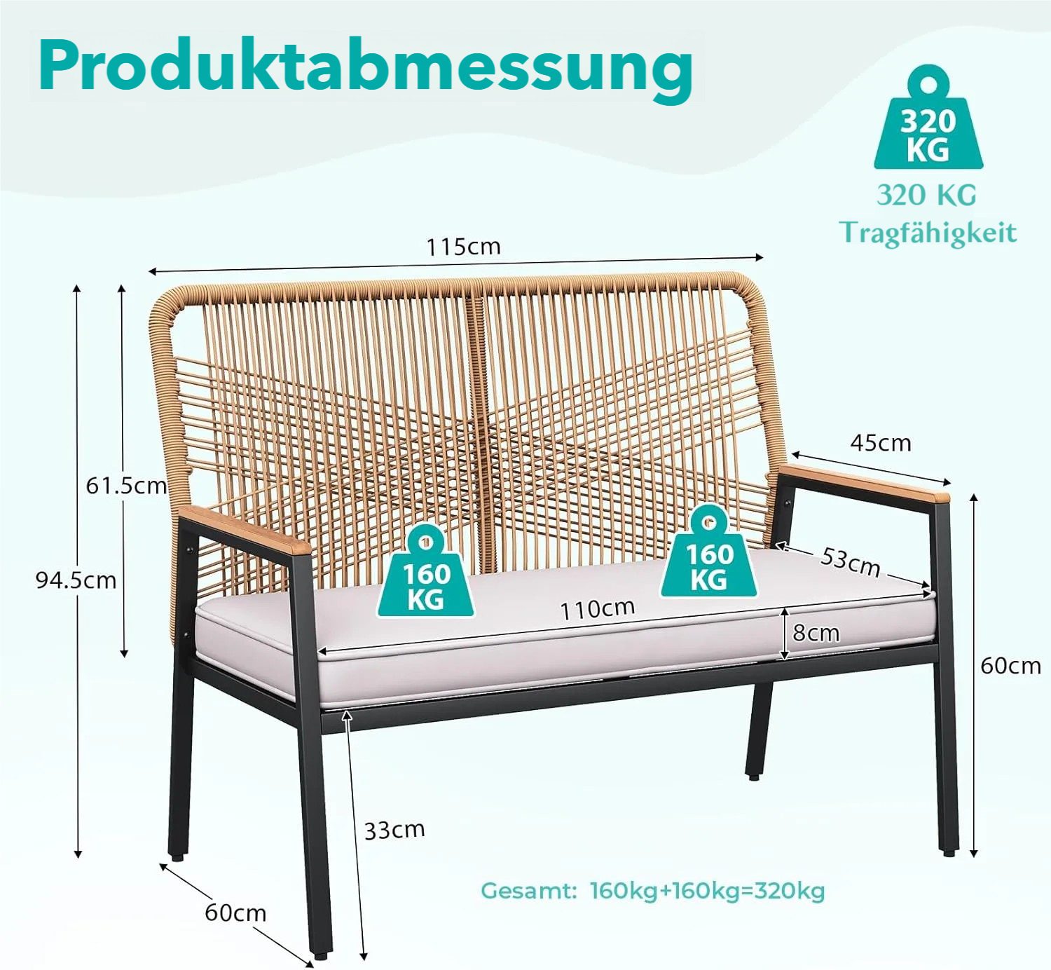 TLGREEN Gartenbank Rattan,2-Sitzer Gartenstuhl Polyrattan,Sitzbank Outdoor, (Gartenmöbel mit 8 cm dicken Sitzkissen, WPC Armrest), für Terrasse, Garten, Veranda
