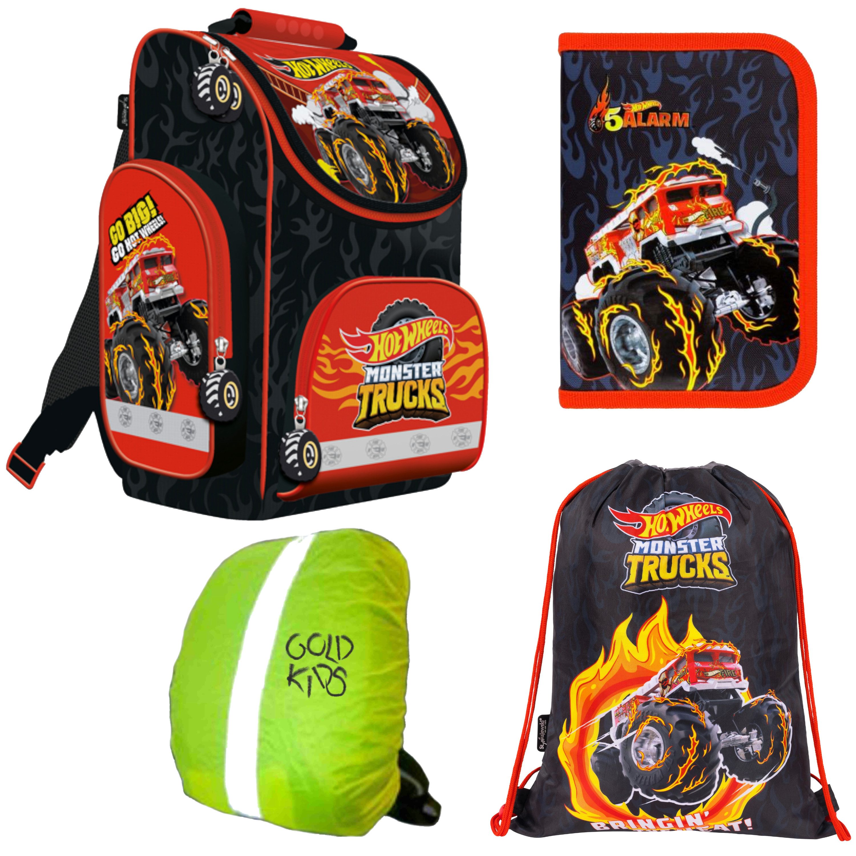 GOLDKIDS Ранцы für Jungen und Mädchen, 4er-Set - (Schul-Rucksack für Kinder mit, 1-tlg., Federmäppchen - Schuhbeutel und Regenschutz), - Hot Wheels Motiv - 1-3 Klasse