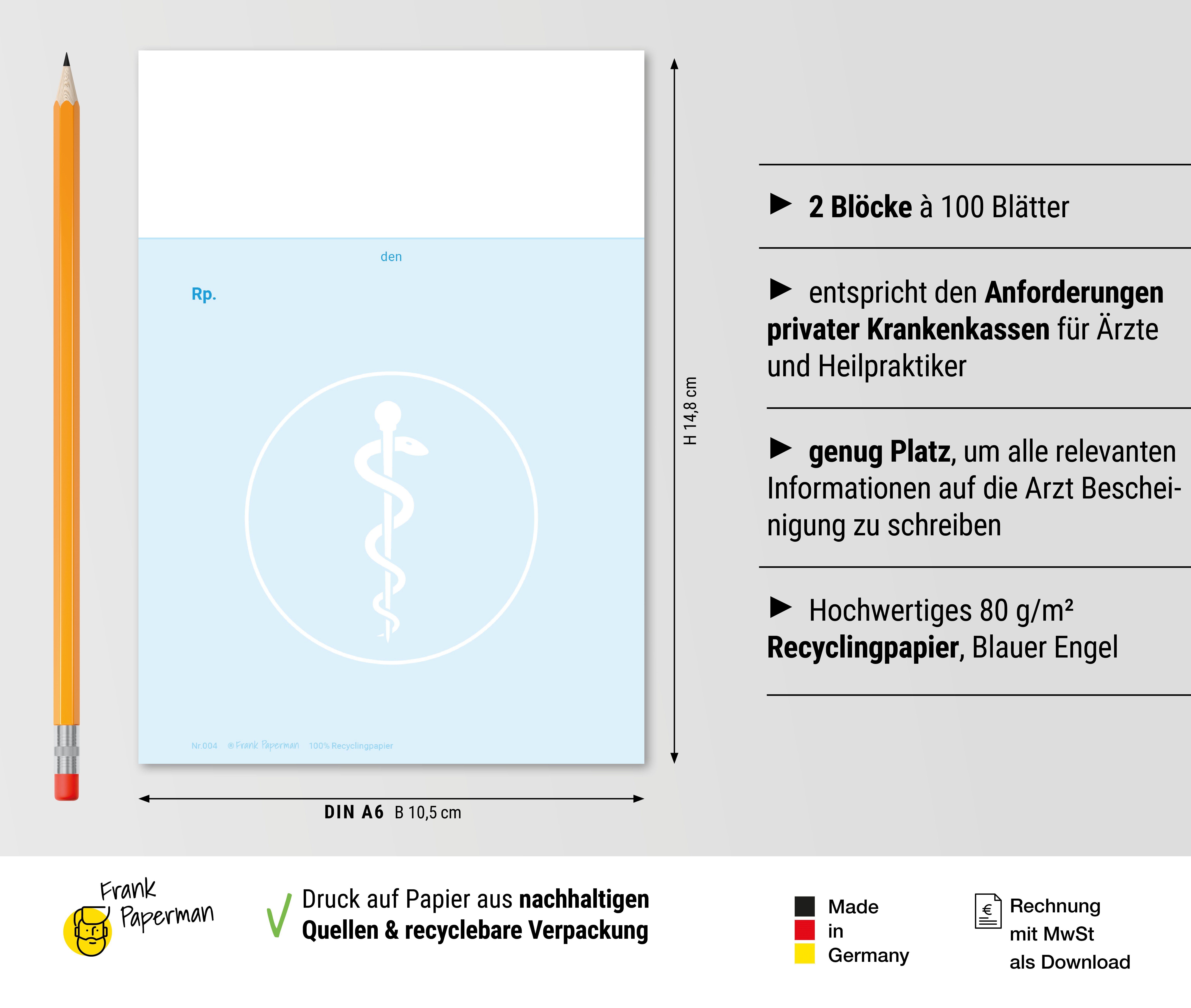 Frank Paperman Formularblock Rezeptblock Privatrezept blanko blau, Blöcke à 100 Blätter, Ärzte, 100 % Recyclingpapier, DIN-A6-Format, Leimblock zum abreißen