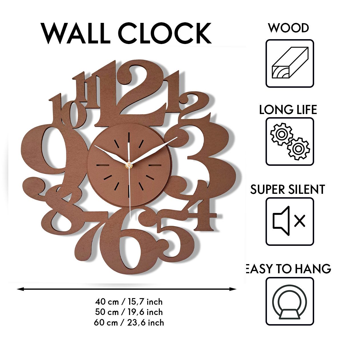 ORNAMENTI Wanduhr Handmade, grosse,modern, geometrisch, holz, minimalistisch, hingucker (ohne Ticken, Wanddeko, Holzdeko, 3 Größen 40, 50, 60 cm)