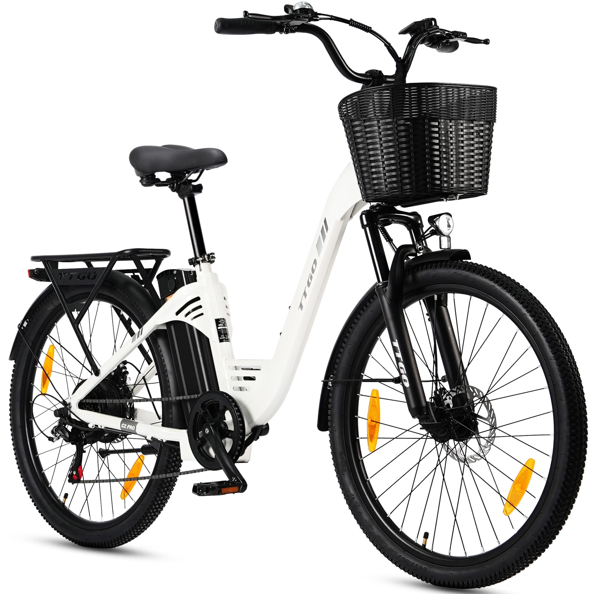 TTGO E-Bike Cityrad 26/28 Zoll, 80-120km, C2/C3, Elektrofahrrad für Damen und Herren, 7 Gang SHIMANO, Kettenschaltung, Heckmotor, 648 Wh, (Pedelec, bis zu 125kg, für ca. 160–185cm, 5 Stufen), Farbdisplay, Frontkorb, Gepäckträger, Elektrofahrrad für Damen Herren