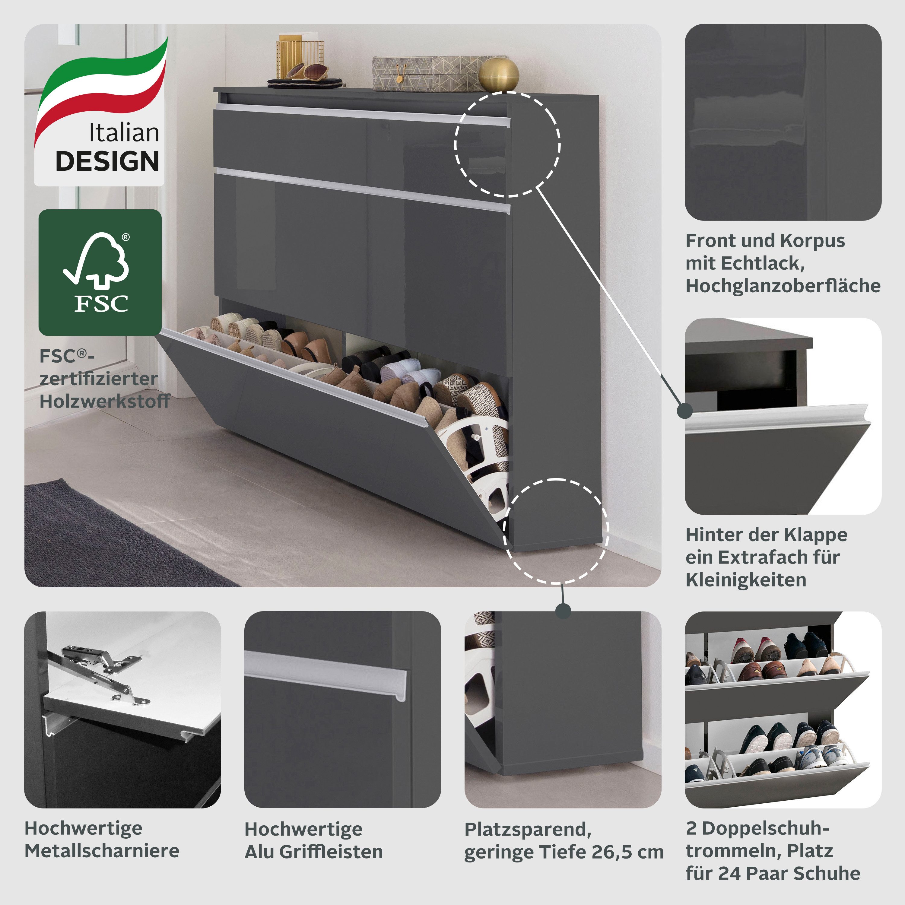 Home affaire Schuhschrank Magic Schuhschrank, Schuhkommode, Schuhregal, softgriff 3 Klappen,Doppelschuhtrommeln,hochglanz lackiert oder matt,Breite 120