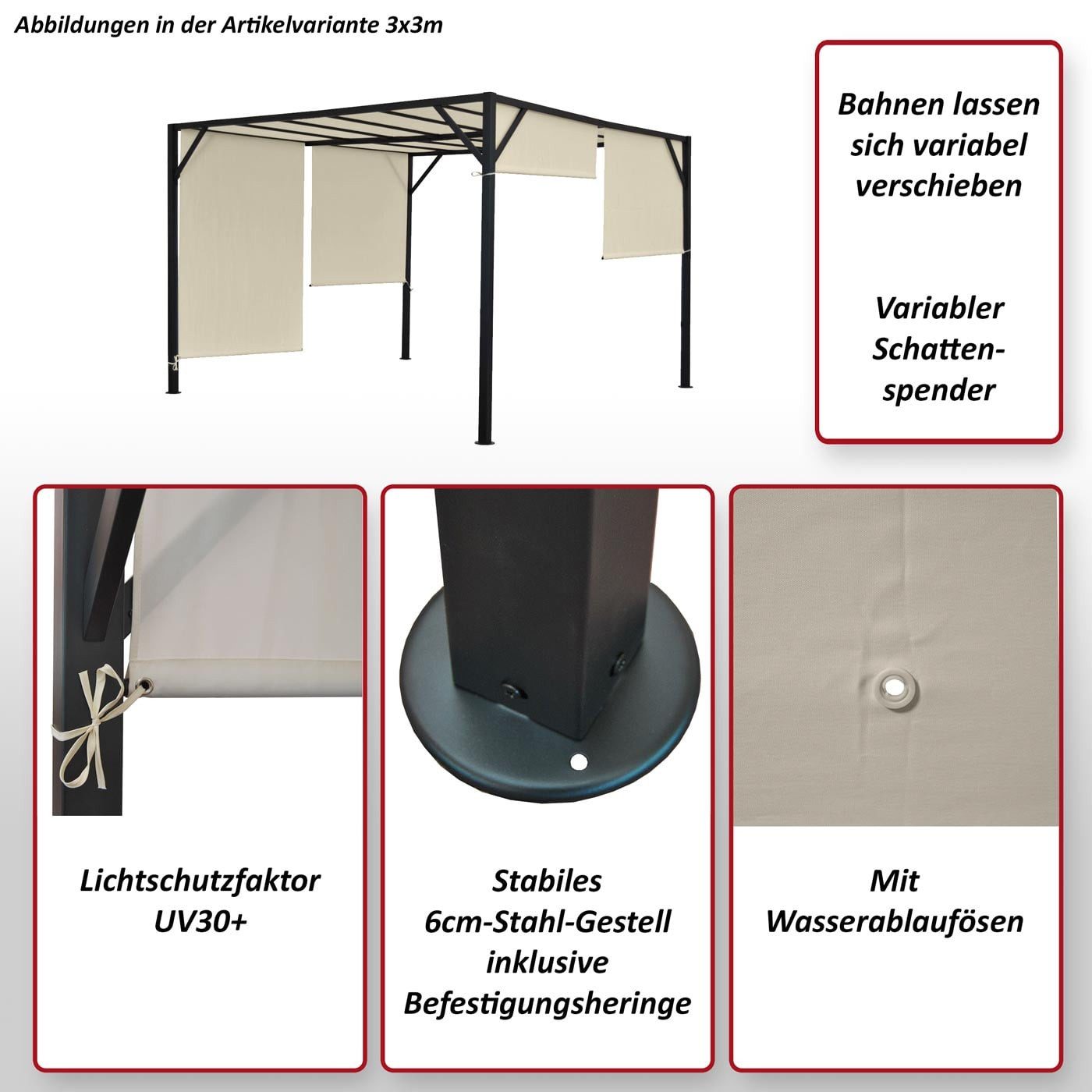 MCW Pergola Beja-4x4, BxTxH: 405x405x212 cm, mit Schiebedach, mit Wasserablaufösen, UV-Schutz UV30+