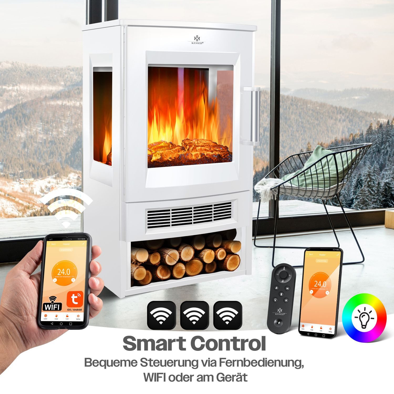 KESSER Elektrokamin, mit Heizung Panorama-Sichtfenster Heizlüfter 9 LED-Flammeneffekt