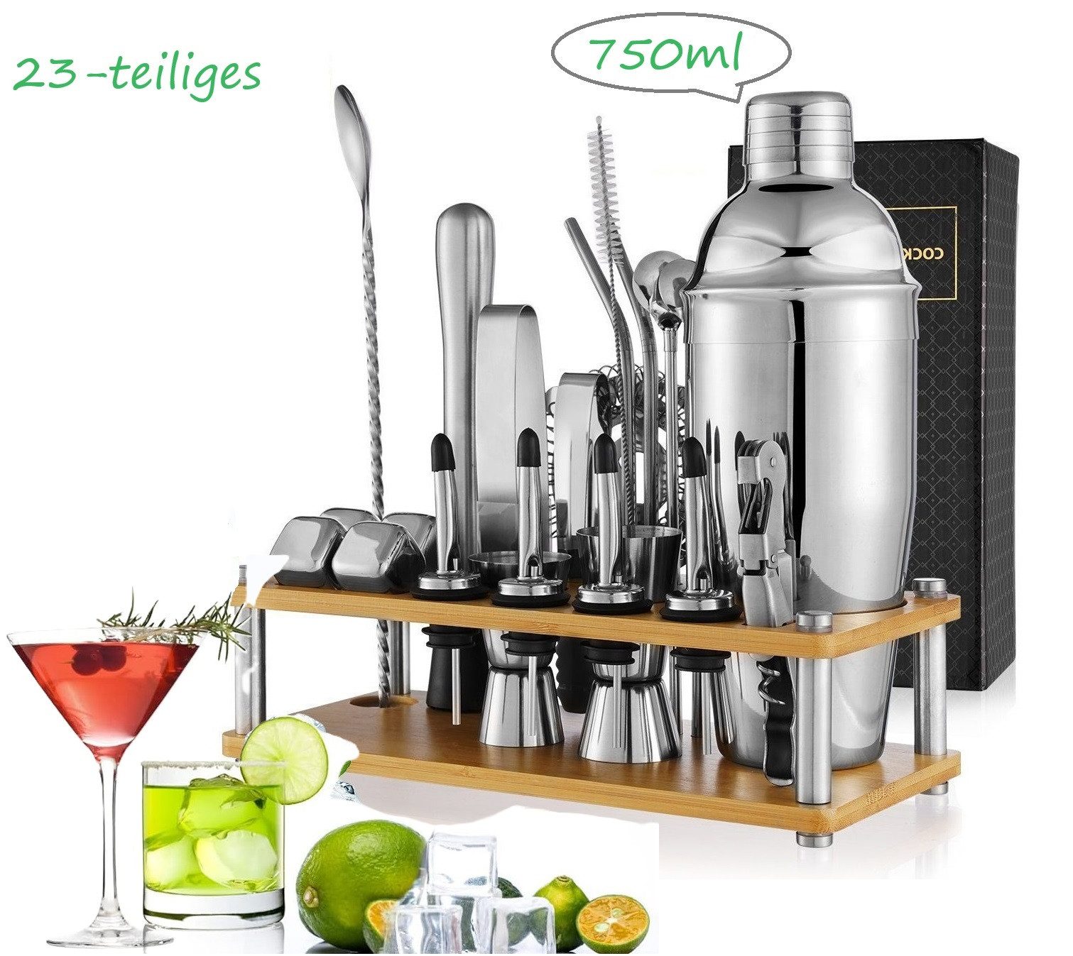 Cocktail Shaker 750 ml 23-teiliges Edelstahl Barkeeper-Set, Cocktailshaker