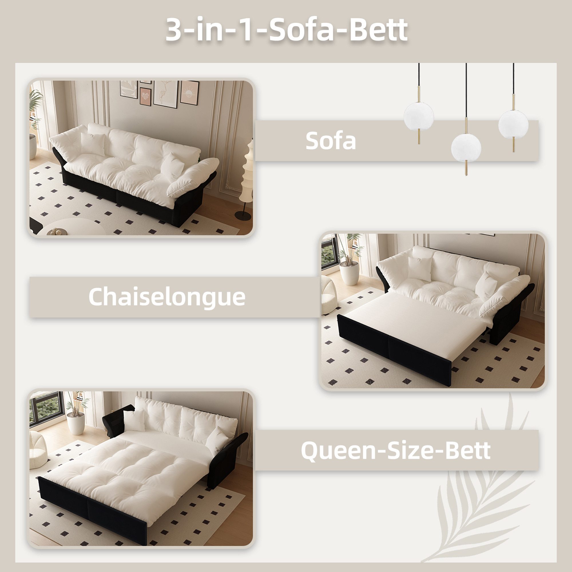 Celya Schlafsofa 203 cm ausziehbar, 3-in-1 Konvertibles, mit Tufting und 2 weichen Kissen