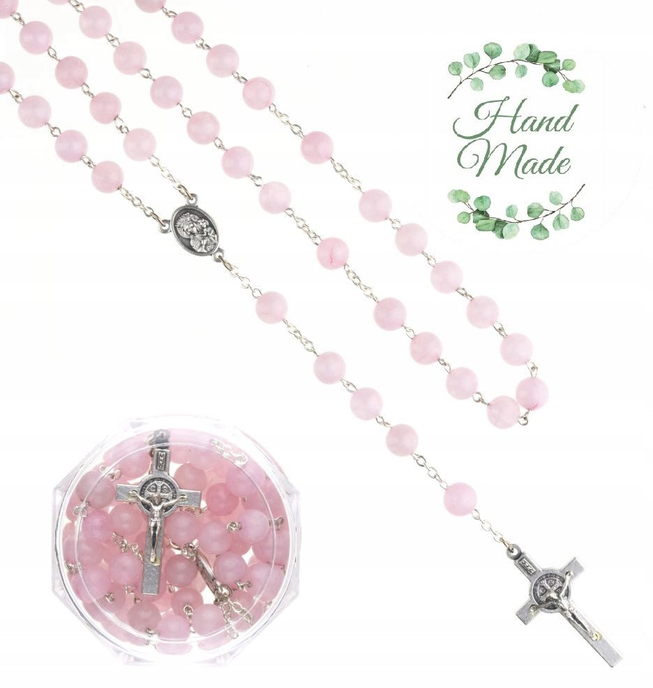 Festivalartikel Kommunionskarte Rosenkranz Rosenquarz Handgemacht St. Benedikt Geschenk Box