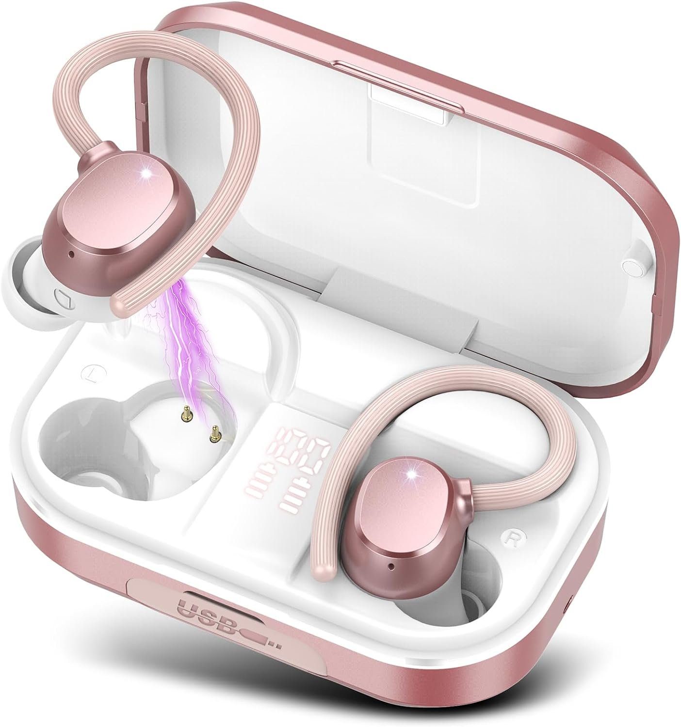 POMUIC Kabellos Bluetooth 5.3 mit HD Mic, 120 Stunden Spielzeit Sport In-Ear-Kopfhörer (Sport Kopfhörer mit dynamischen Treibern für ein intensives Musikerlebnis, mit LED-Anzeige, Deep Bass, IP7 Wasserdichte Ohrhörer mit Ohrhaken)