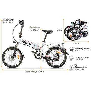 Myatu E-Bike 20 Zoll E-Bike faltbares ebike mit 36V 10.4AH, 6 Gang Shimano Shimano Schaltwerk, Kettenschaltung, 375,00 Wh Akku, mit 374Wh Lithium-Akku,Gabelfederung, Pedelec Elektrofahrrad
