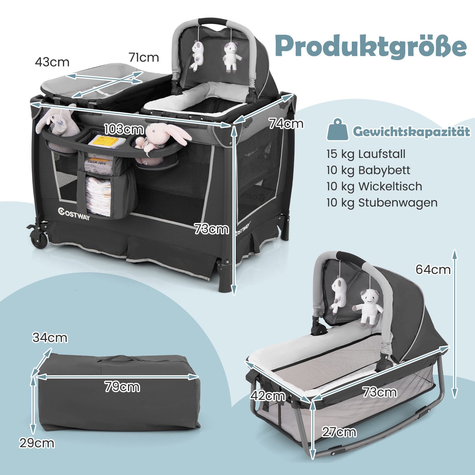 COSTWAY Baby-Reisebett, 1-tlg., Babybett, Tragbares Beistellbett, mit Wickelauflage, Tragetasche