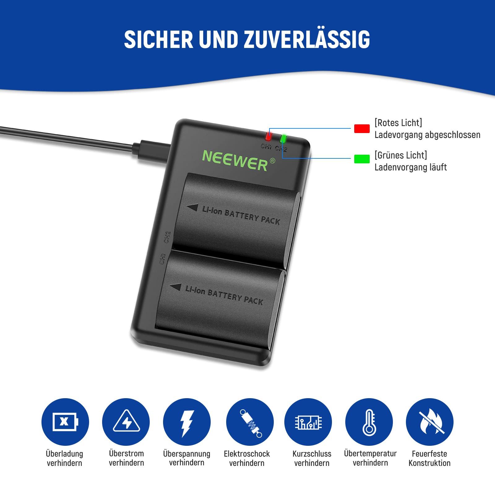 Neewer LP-E6NH Akku+Ladegerät, 2er-Set, kompatibel mit Canon EOS Kamera-Akku D 2250 mAh