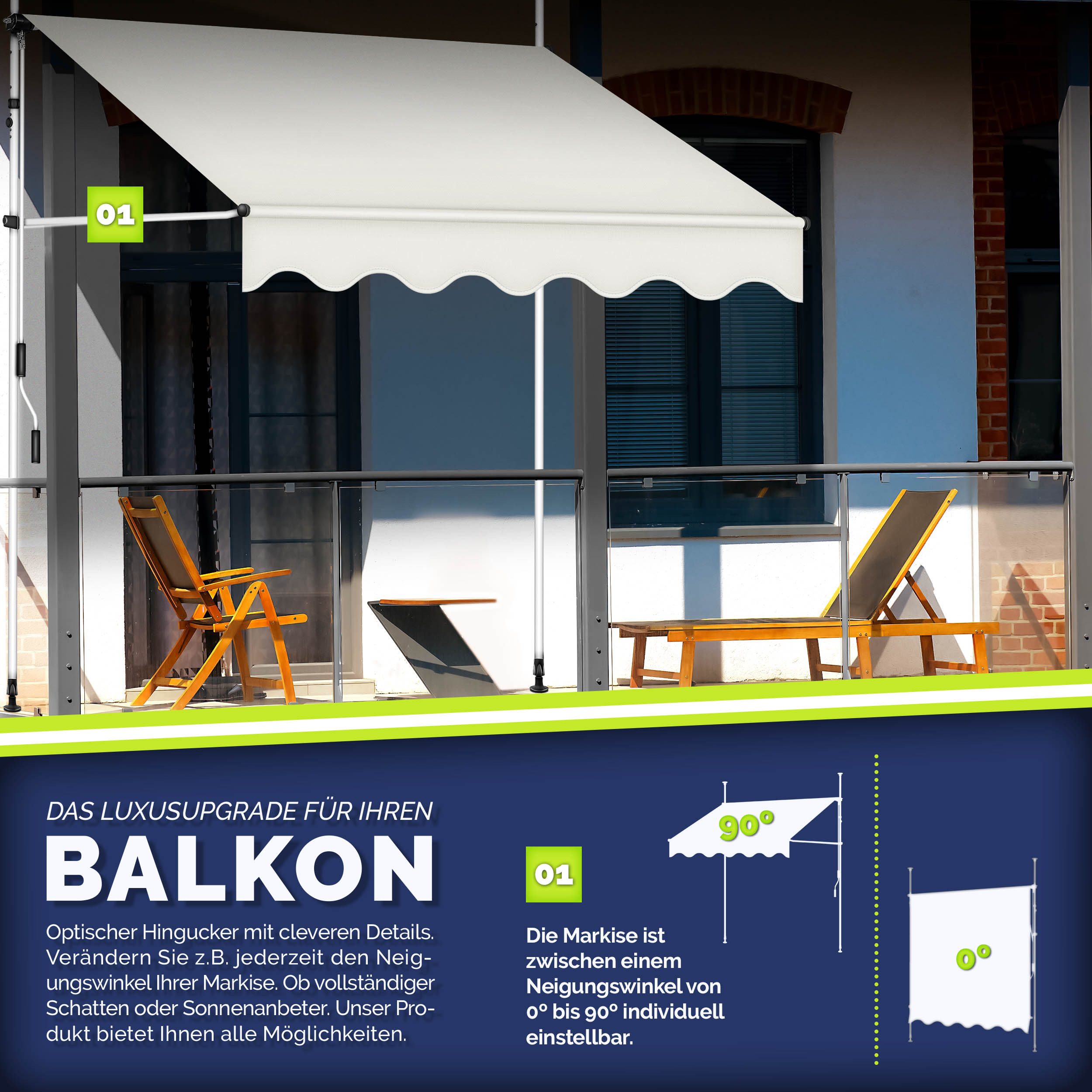 tillvex Klemmmarkise Balkonmarkise ohne Bohren, Markise mit Handkurbel & höhenverstellbar Sonnenschutz UV-beständig & wasserdicht