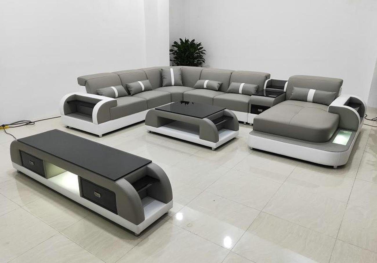 JVmoebel Wohnzimmer-Set, Garnitur Design Wohnlandschaft Ecksofa Sofa Couch U-Form Couchtisch Silber/Weiß